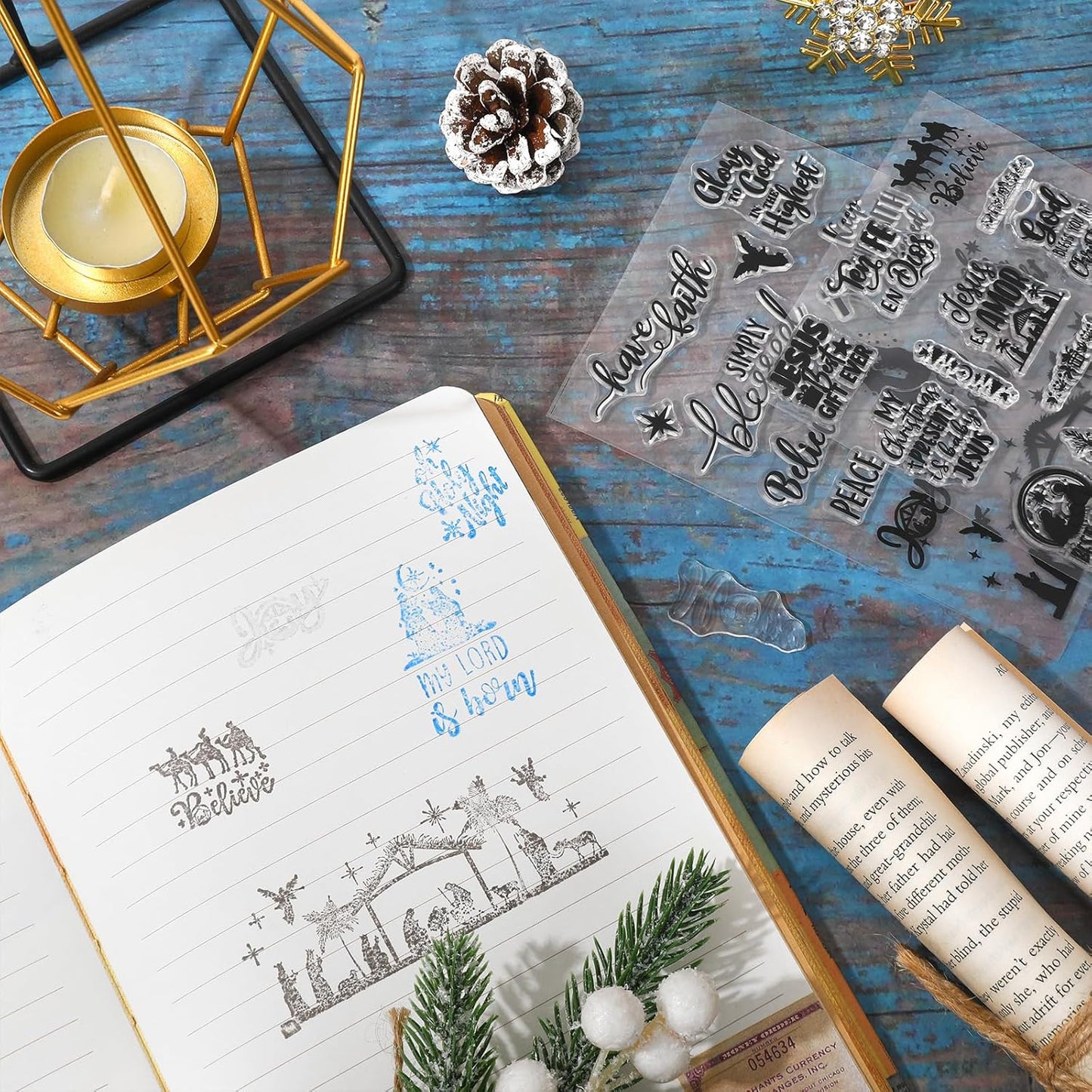 Whaline 4 Sheets Christmas Clear Stamps Greeting Words Nativity Scene Silicone Transparent Stamps Holy Night Stamp for Xmas DIY Craft Card Making Scrapbooking Embossing Album Decor