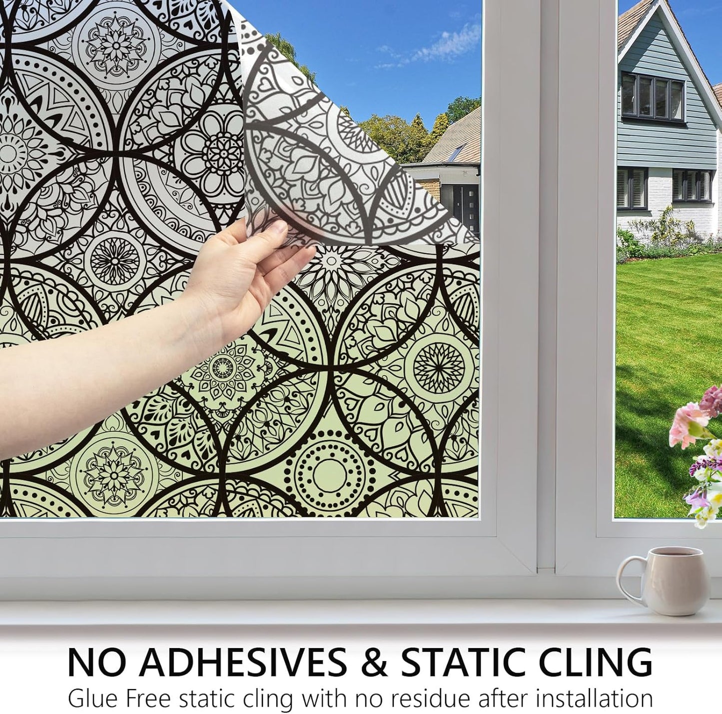 DKTIE Boho Stained Glass Look Window Privacy Film with Installation Tools, Decorative Frosted Glass Window Film Static Cling No Glue Removable, Pure Black, 35.4" x 78.7"