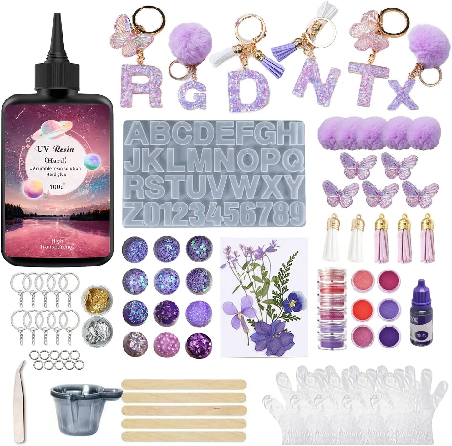 YV-cozx UV Resin Jewelry Making Kit,Crystal Clear Resin with 26 Letter Molds and Casting Tools,DIY Jewelry Making Kit for Necklace,Keychain,Earring (Purple Letter)