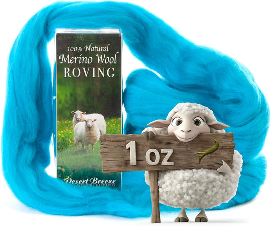 Desert Breeze Distributing 100% Natural Merino Wool Roving - Premium Combed Top Merino Roving Wool - Tapestry, Spinning, Wet Felting & Needle Felting Supplies - 21.5 Micron - 1 oz, Color Peacock Blue