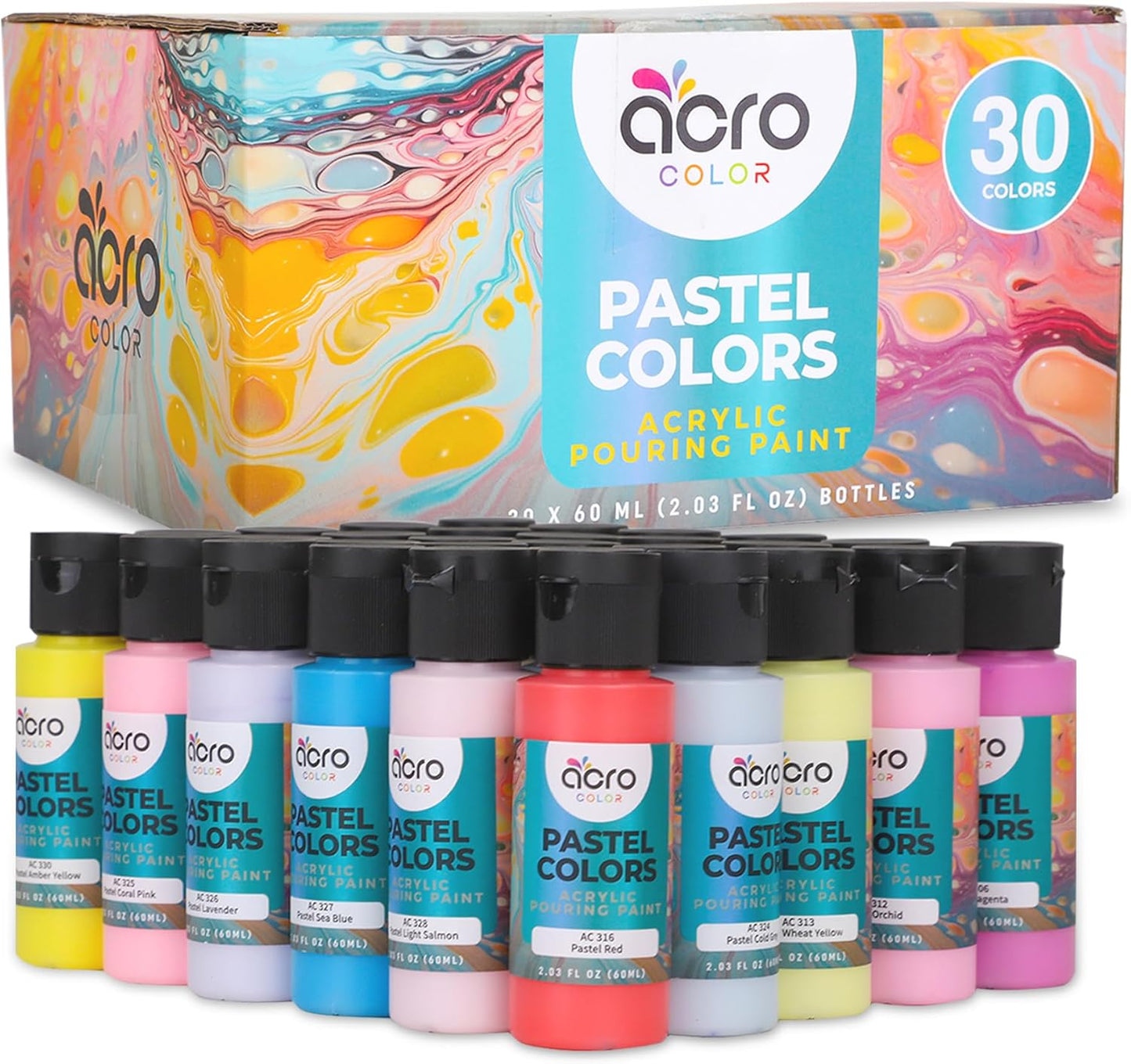 Acrylic Pouring Paint Set | 30 Vibrant Colors Including An Array Of Metallic, Neon & Pastel Paints | Pre Mixed, Ready to Use, High Flow Paint For Canvas, Paper, and More | 2 Ounces Per bottle (Pastel