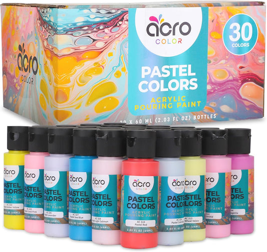 Acrylic Pouring Paint Set | 30 Vibrant Colors Including An Array Of Metallic, Neon & Pastel Paints | Pre Mixed, Ready to Use, High Flow Paint For Canvas, Paper, and More | 2 Ounces Per bottle (Pastel