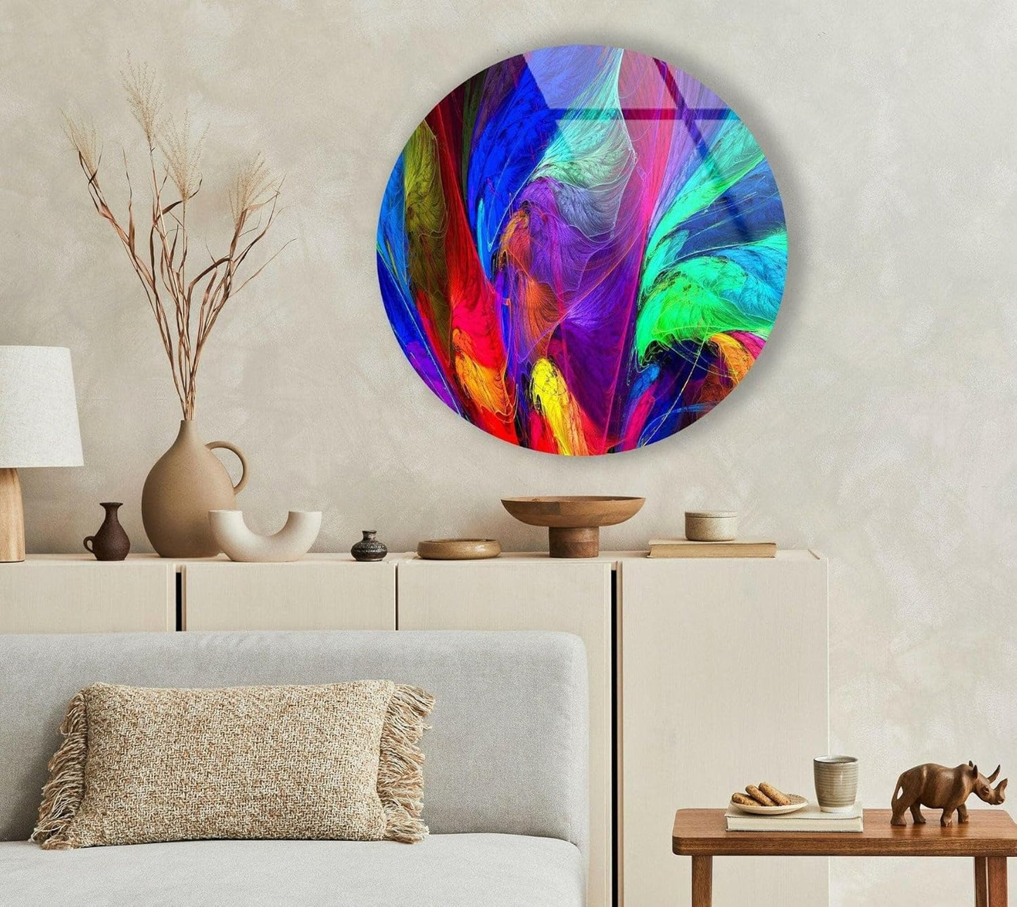 My Photostation.com 15.8''(40cm) Diameter Neon Colors Abstract Round Glass Wall Art Tempered Glass Printing Wall Decor Large Wall Art Wall Hangings