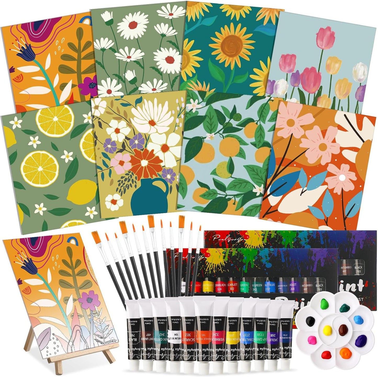 Cholemy 36 Pcs Paint and Sip Kit for Adults 8''x10'' Pre Drawn Canvas for Painting DIY Afro Acrylic Painting Kit Wood Easel Brushes Date Night Bulk for Christmas Party Gifts(Flowering)