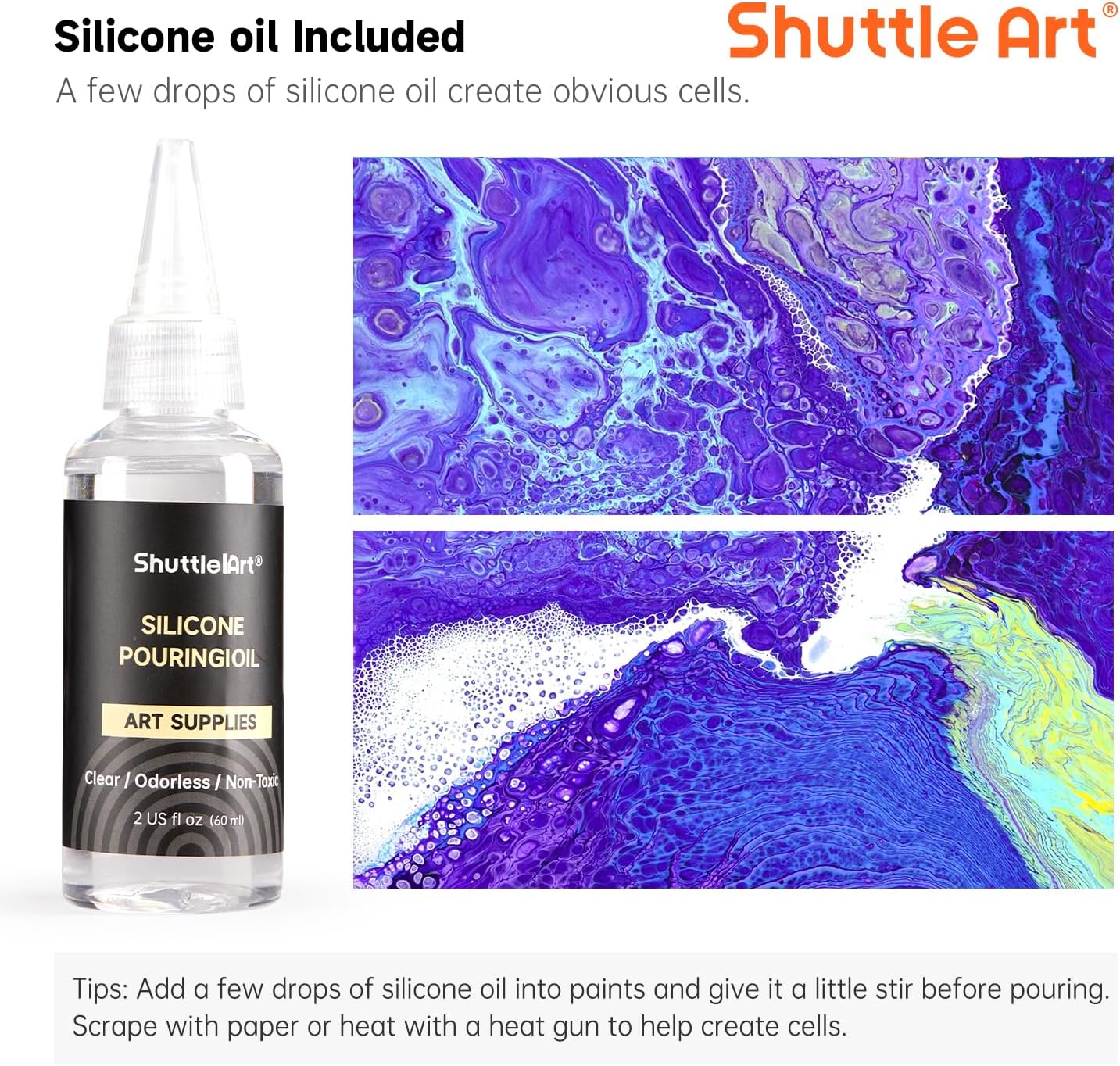 24 Pack Metallic Acrylic Pouring Paint, Shuttle Art 23 Metallic Colors Ready-to-pour Acrylic Paint with 1 Silicon Oil, 60ml/2oz Each, Rich Pigment, High Flow Pouring Paint Set for Canvas, Rock, Ceramic, Wood