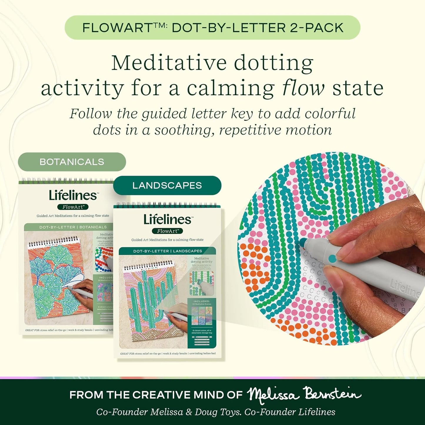 Lifelines FlowArt Activity Pad, 2-Pack - Guided Dot Art Meditations with Markers - Dot-by-Letter, Botanicals & Landscapes - Color by Number/Letter Coloring Books for Teens, Adults & Seniors