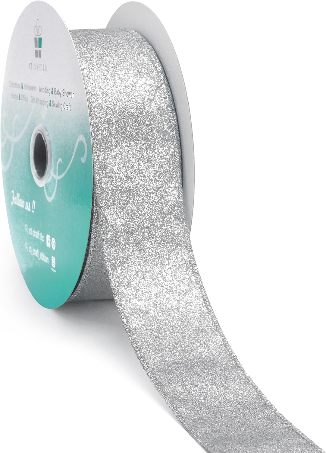 CT CRAFT LLC Glitter Wired Ribbon 1.5" x 20 Yards Silver for Christmas Home Decor Bow Gift Wrapping DIY Crafts Wreath