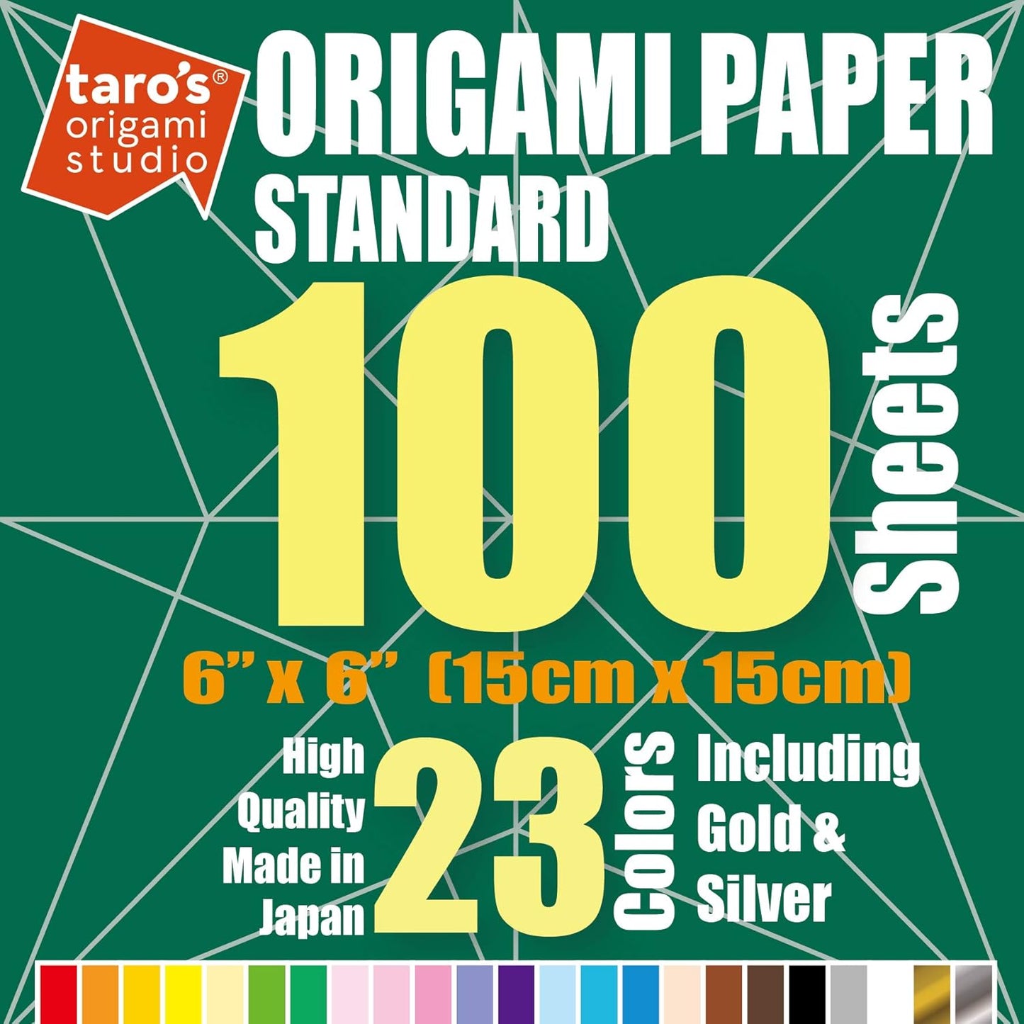 [Taro's Origami Studio] Standard 6 Inch One Sided 23 Colors 100 Sheets Square Easy Fold Premium Japanese Paper for Beginner (Gold and Silver Included)