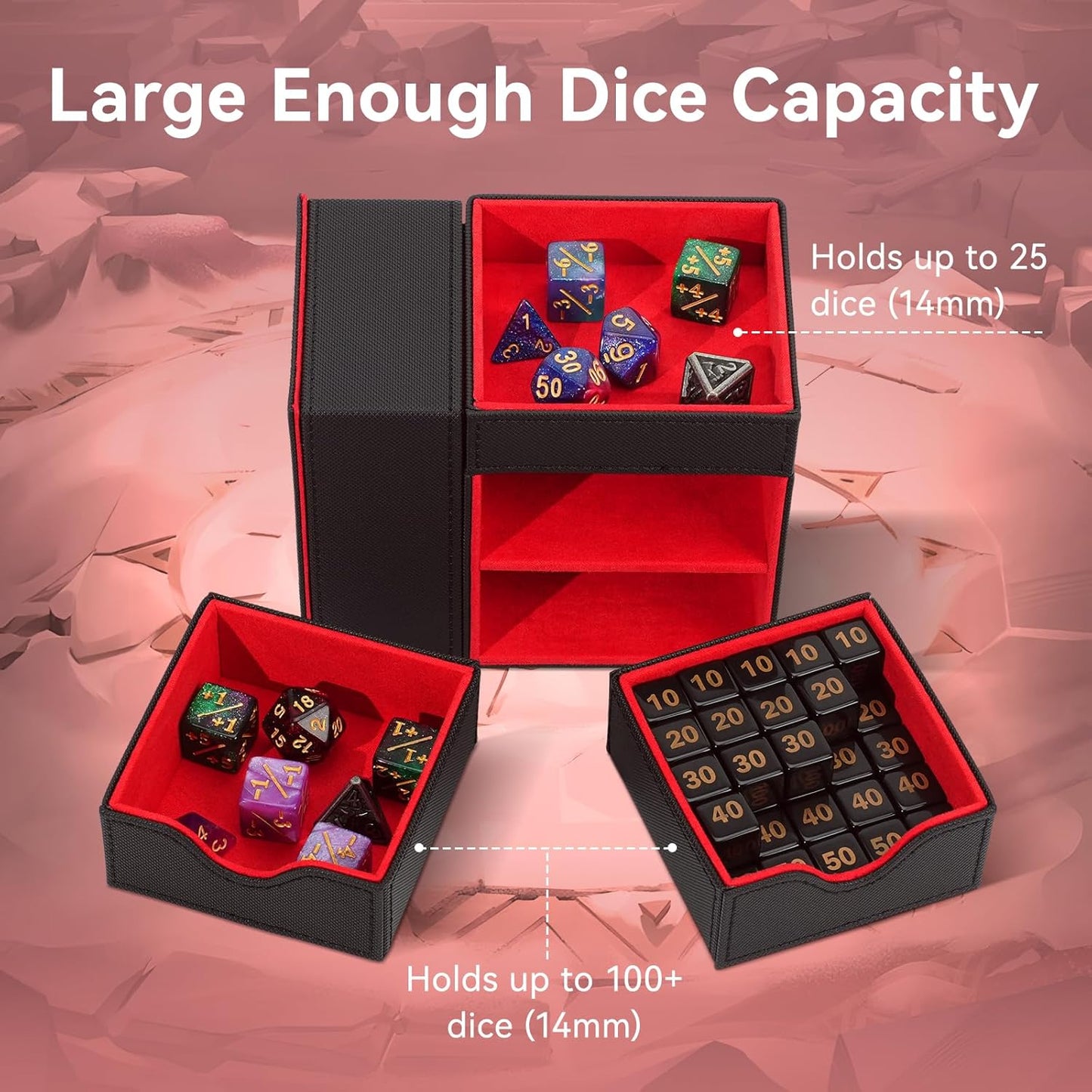 Dice Tray & Dice Tower Storage Box, 3 in 1 Dice Holder Case (Dice Rolling Tray, Dice Rolling Tower, Dice Storage Drawers), Leather Magnetic Closure DND Accessories Gifts for RPG MTG, Black/Red
