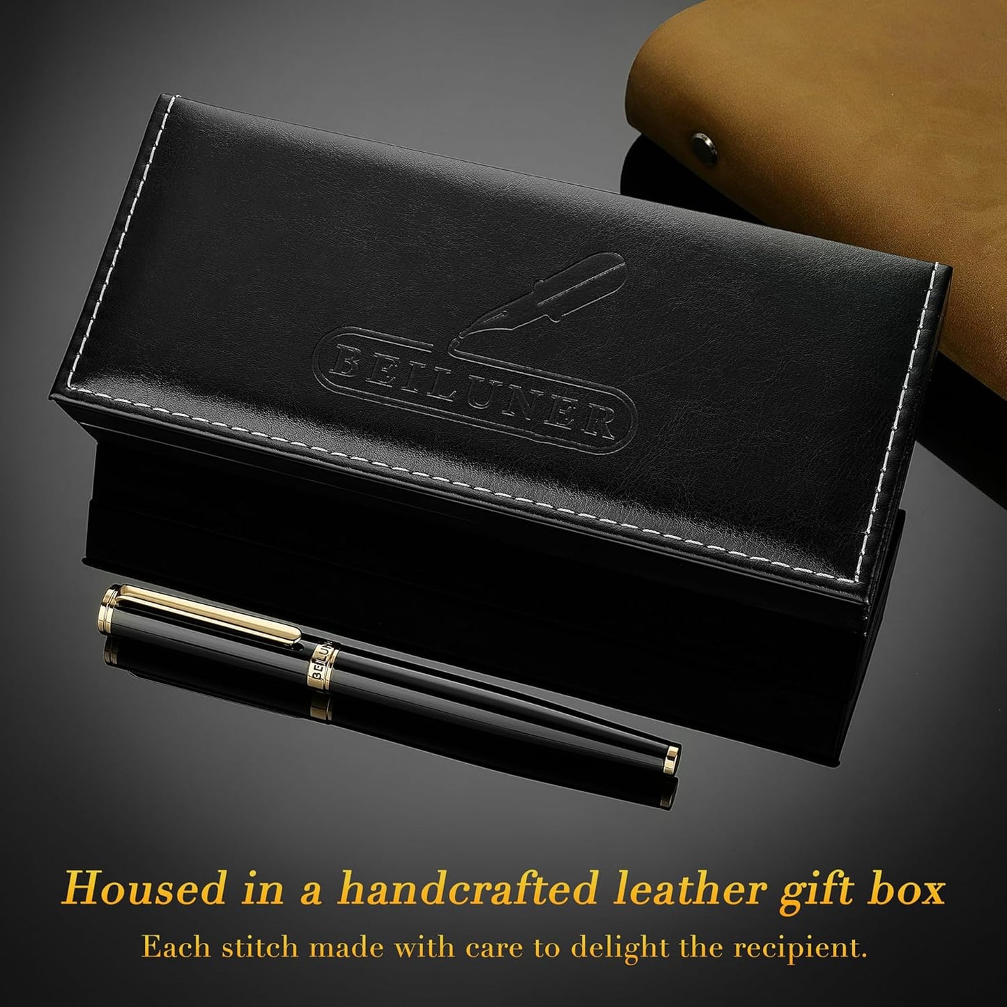 BEILUNER Black Fountain Pen,Stunning Luxury Pens with 24K Gold Accents, Gorgeous 24K Gilded Nib(Medium), Trustworthy Pen Gift for Men&Women -Ink Converter-Elegant, Reliable,Nice Pen for Writing