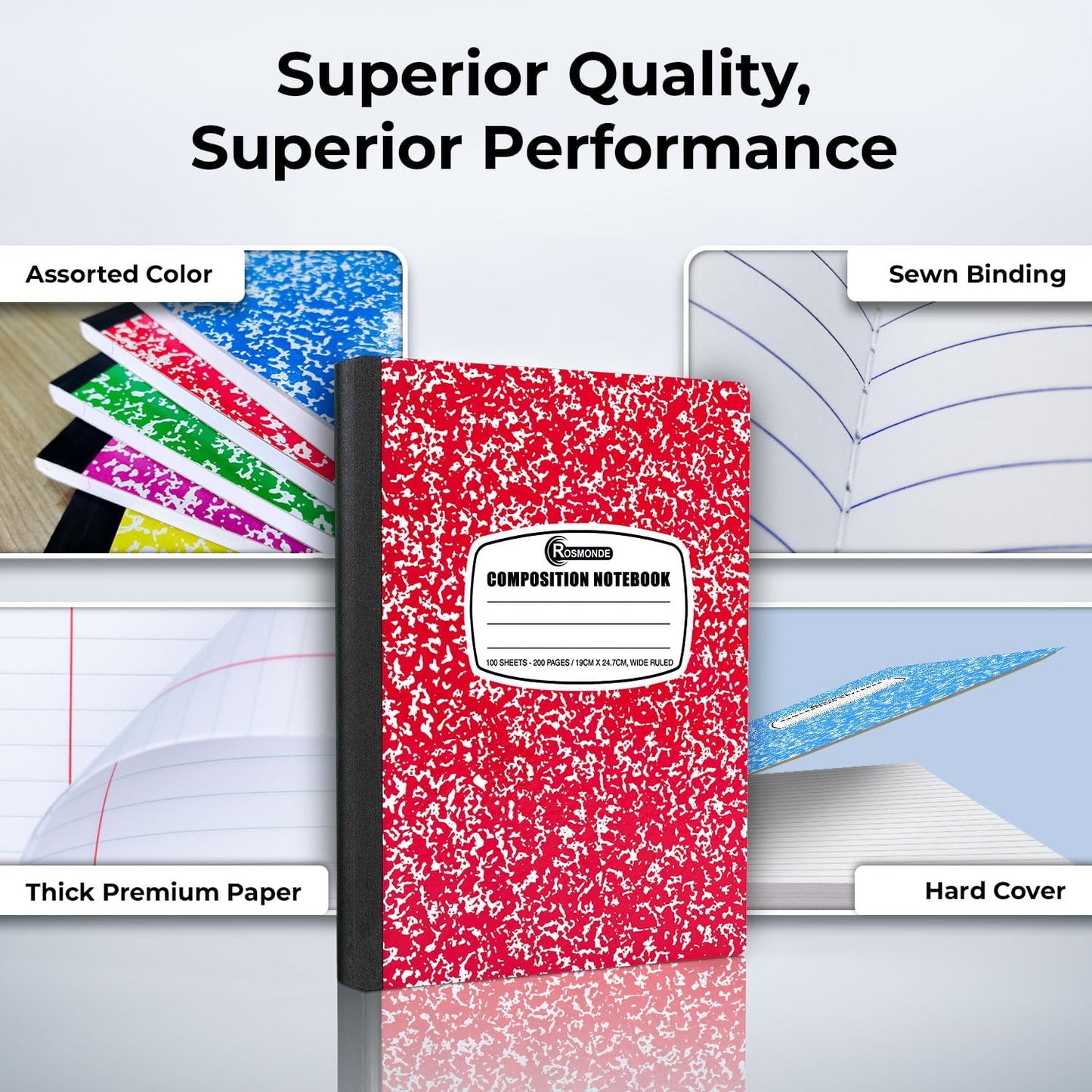 Rosmonde 12 Pack Bulk Composition Notebook Wide Ruled, 200 Pages (100 Sheets), 9-3/4 x 7-1/2", Hard Cover Wide Ruled Notebook Bulk, Assorted Colors Composition Notebook For School, Colors May Repeat