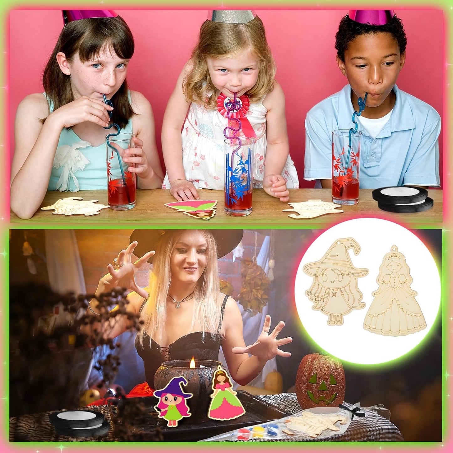 VioraWhite 24 Set Paint Your Own Witch Princess Party Favors Pink and Green Party Supplies Witch Hats Princess Crowns DIY Wood Painting Craft Kit Color Your Own Arts Crafts Kit for Birthday Gift