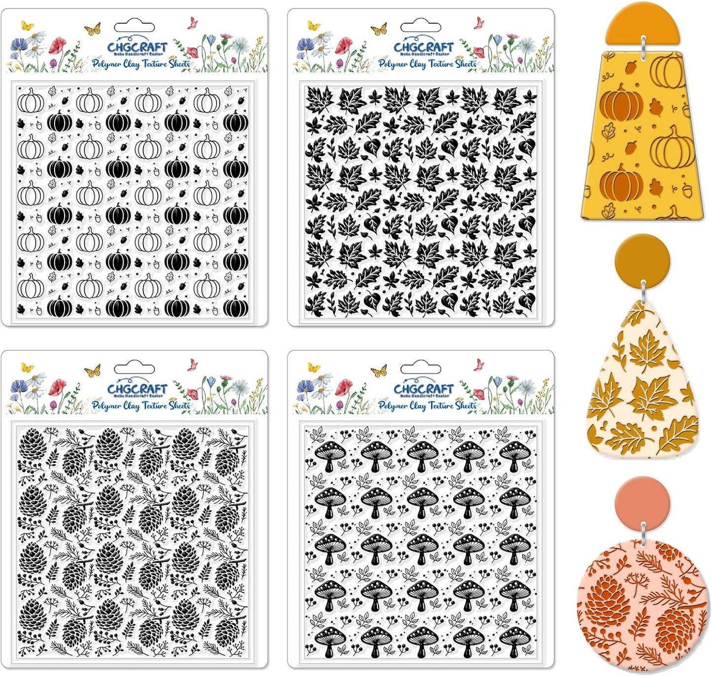 CHGCRAFT 4Pcs Pumpkin Maple Leaf Polymer Clay Texture Sheet Pinecone and Mushroom Autumn Silicone Clay Texture Mat for Polymer Clay Making Earrings Jewelry DIY Crafts 5.5 × 5.5 Inch