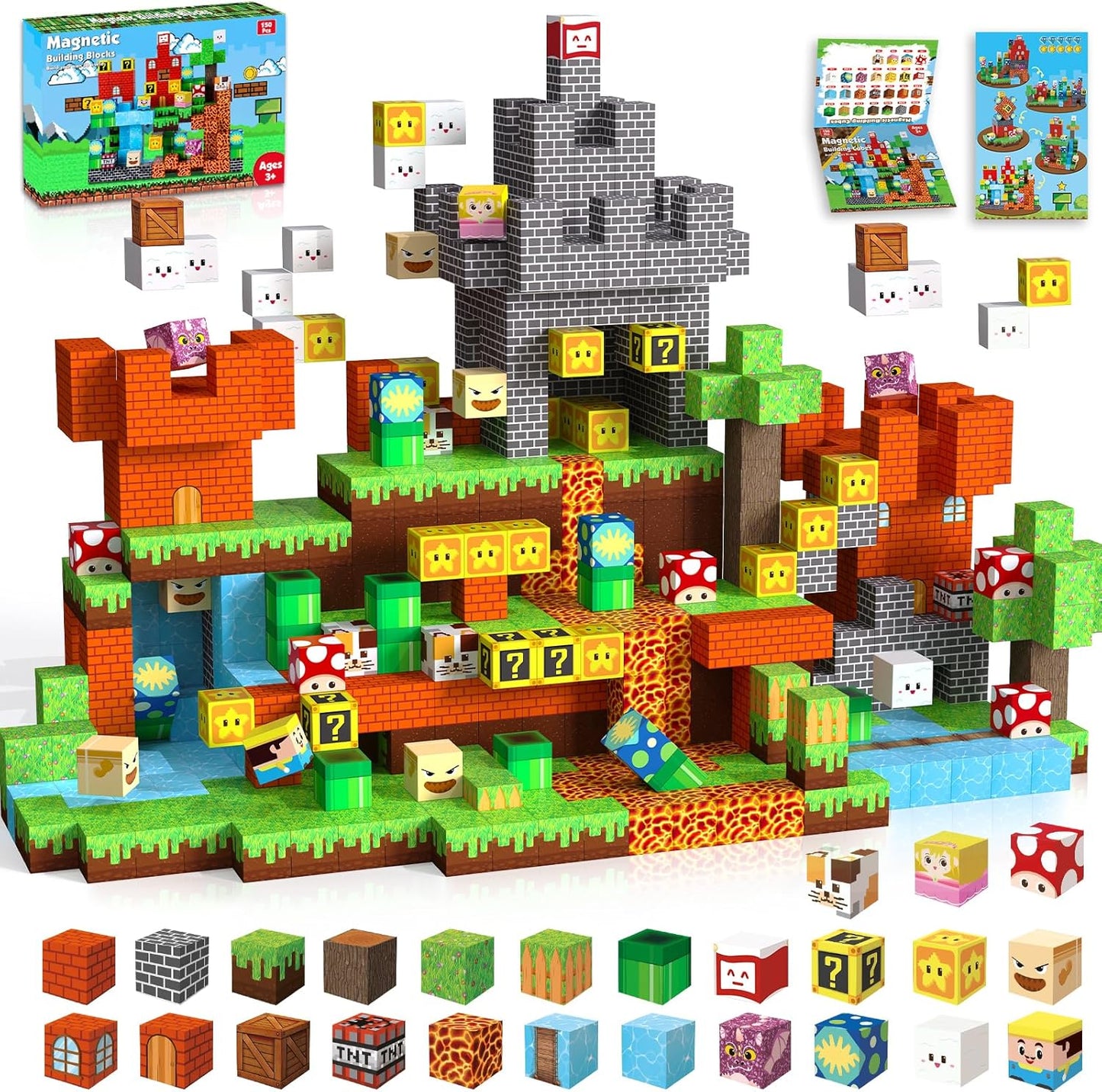 Magnetic Blocks-150 PCS Build Adventure Game Castle World Set - Magnetic Building Cubes Stacking, STEM Montessori Sensory Toys for Kids Boys Girls Ages 3 4 5 6 7 8 9 10 Eater Birthday Gifts