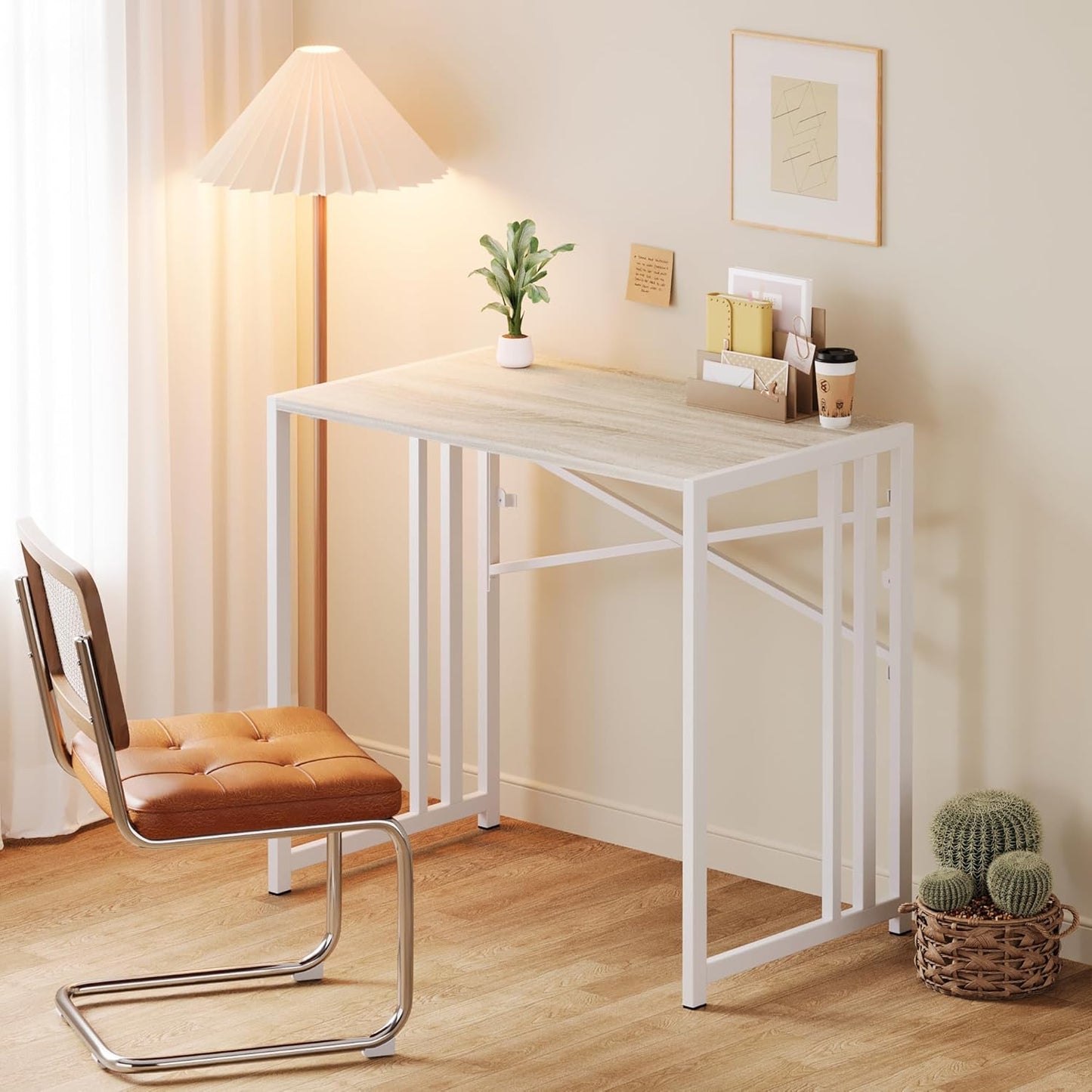 Small Folding Desk 35 inch, No Assembly Required Small Office Desk, Writing Gaming Computer Camping Table, Beige