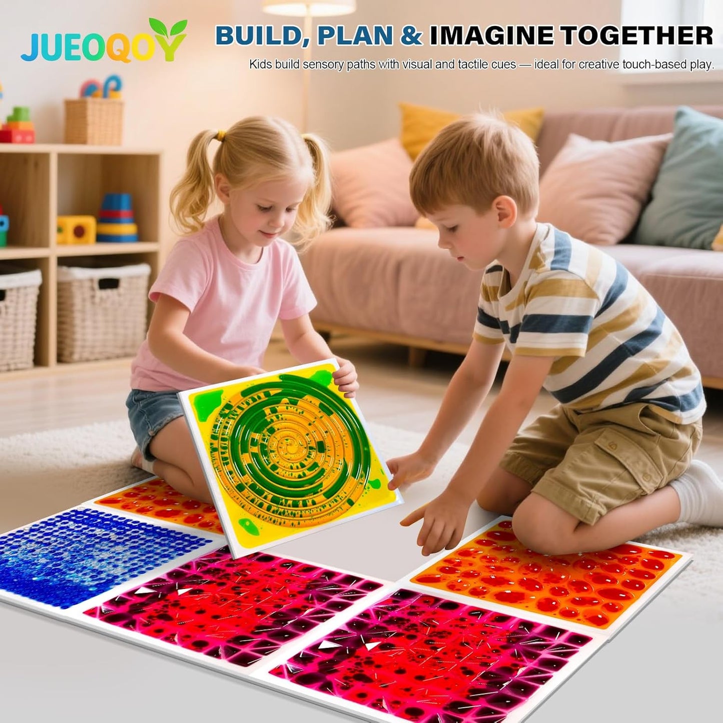 Liquid Sensory Floor Tiles for Kids Ages 3+, 12" Textured Step-On Tiles with Non-Slip Base, Interactive Color-Flow, Assorted Colors, Sensory Path Starter Set (4-Pack)