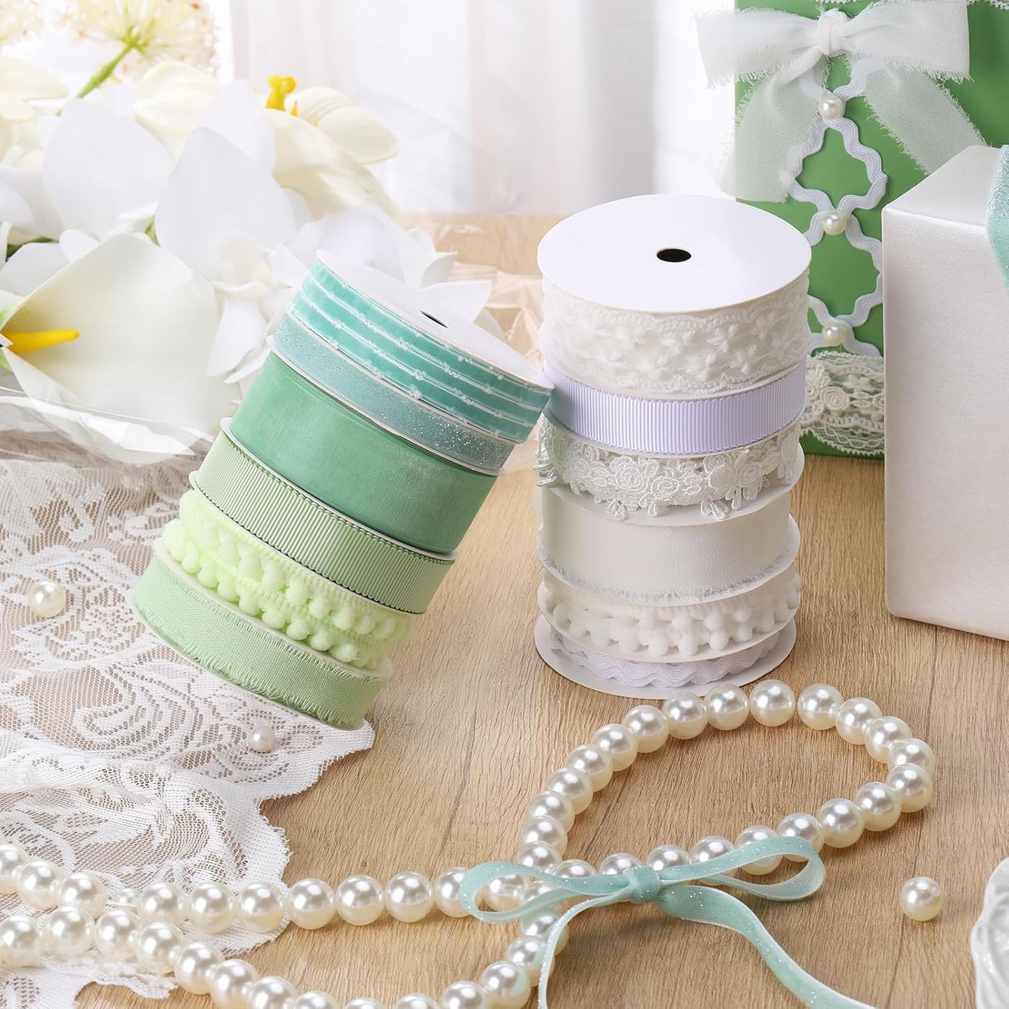 LaRibbons White Ribbons for Crafts 6 Rolls 27.5 Yards TTL Thin Ribbon for Sewing Wedding Gift Wrapping Home Decor
