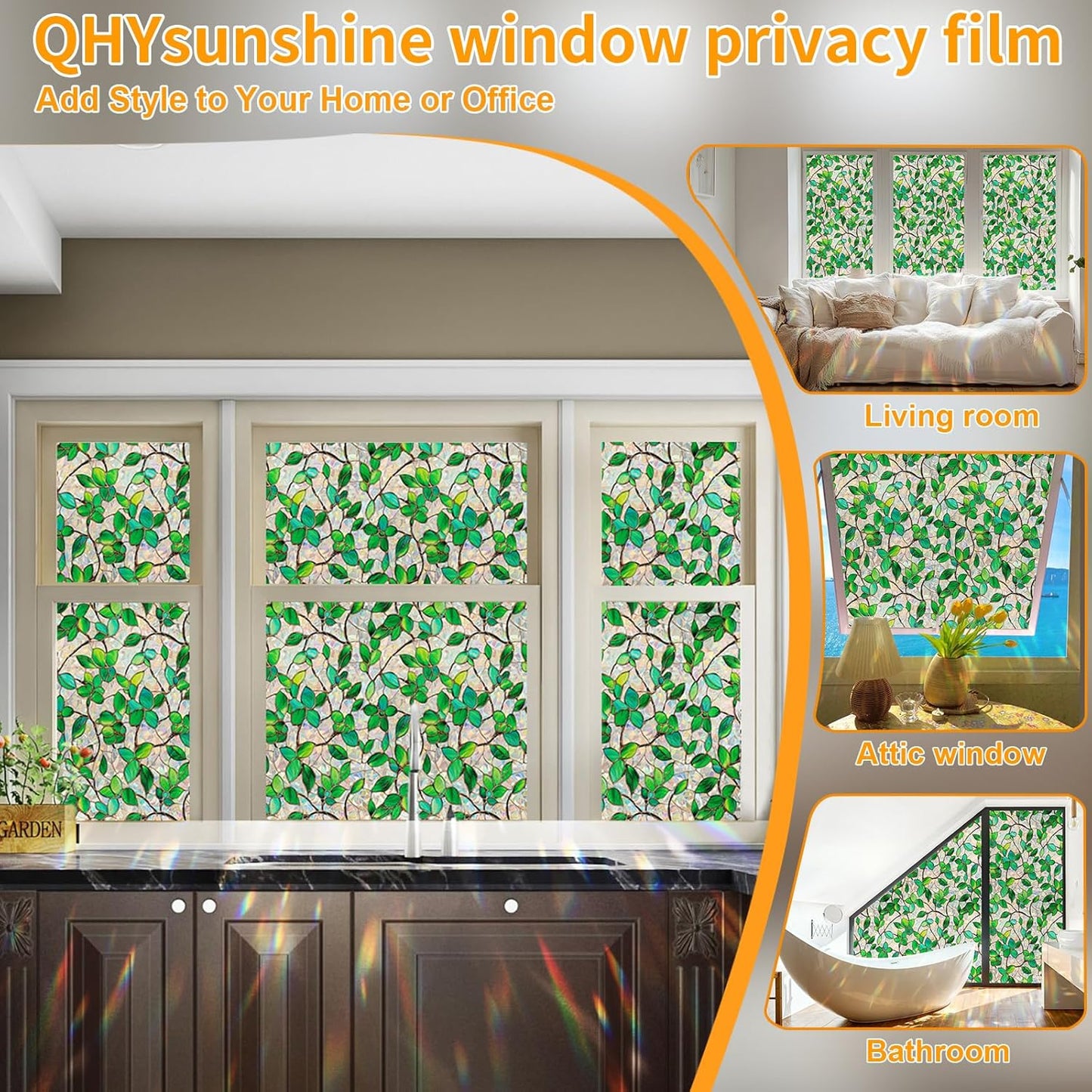 Stained Glass Window Privacy Film Decorative Rainbow Static Clings – Ideal for Home & Office, Adhesive-Free, Removable, UV-Blocking (Green Rainbow, 17.5 X 78.7 in)
