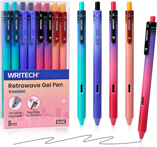 WRITECH Black Ink Gel Pens: 8-Pack Retrowave 0.5mm Fine Point Pens - Smooth Writing Silent Clicker and Refillable Perfect for School Office & Everyday Use.