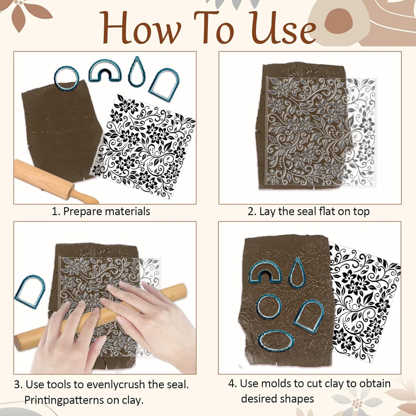 CHGCRAFT Vine Flower Polymer Clay Texture Sheets Single Seamless Plants Floral Pattern Silicone Texture Stamp Clay Texture Mat Modeling Pattern Pad Sheets for Jewelry and Earrings Tools, 5.5x5.5 inch