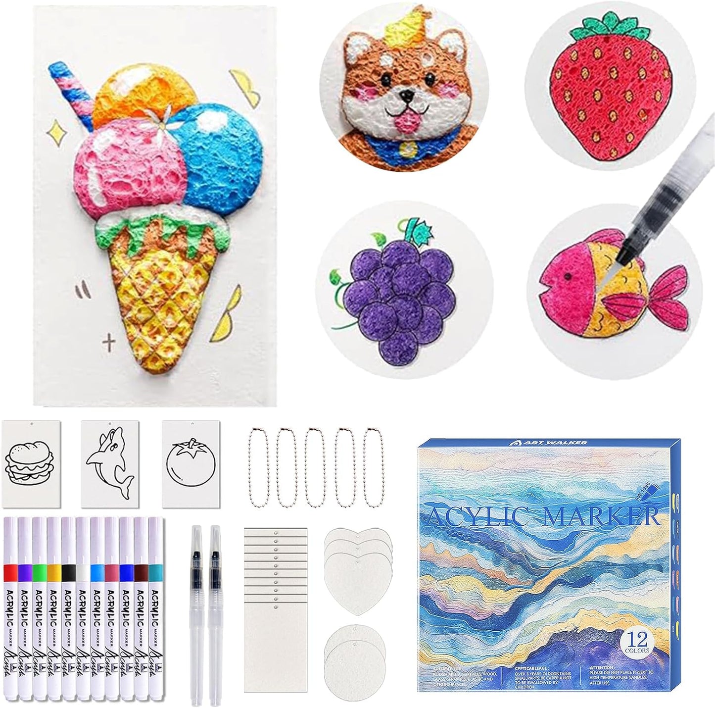 Magic Puffy Paint Kit,38Pcs Puffy Foam Texture Painting Kit,Including 18 Pcs Foam Texture Paper,12 Colors Acrylic Markers,2 Water Brushes,Magical 3D Drawing Sponge DIY Bubble Drawing Pens Art Supplies