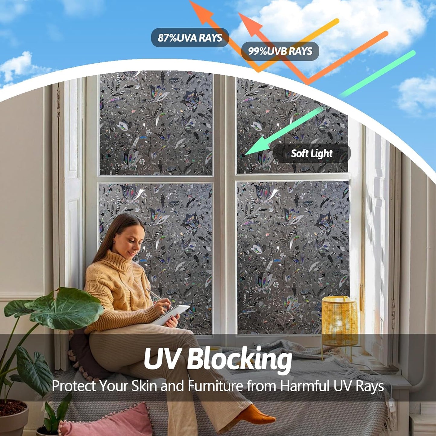 NINETREX Window Privacy Film,Decorative Window Film Frosted,Stained Glass Window Cling,Heat Blocker Non-Adhesive for Home,Grayish Black 29.5 x 78.7inch