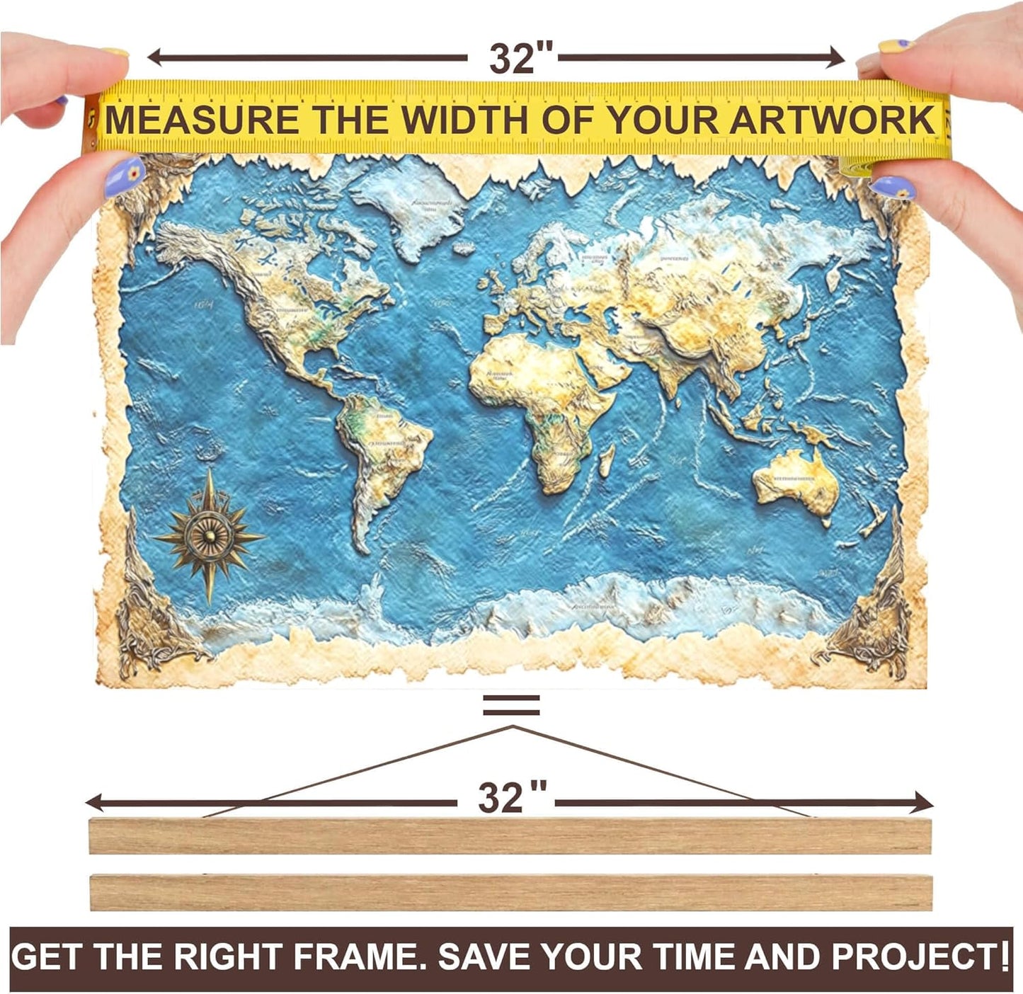 DACRI HOME 32" Wide Magnetic Poster Hanger Frame - 32x24 32x40 32x48 Magnetic Frame - Premium Teak Wood, Strong Magnets for Hanging Posters Maps Pictures Scroll Wall Art (32 Inch, Natural Wood)