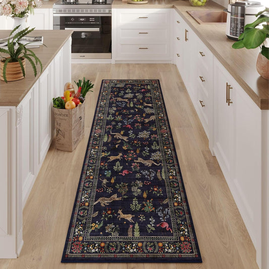 Rugcomf Runner Rug for Kitchen Rug Non Slip 2'6''x8' Washable Rugs with Rubber Backing Soft Floral Animal Carpet Runner for Kitchen, Laundry, Bedroom, Bathroom (Blue)