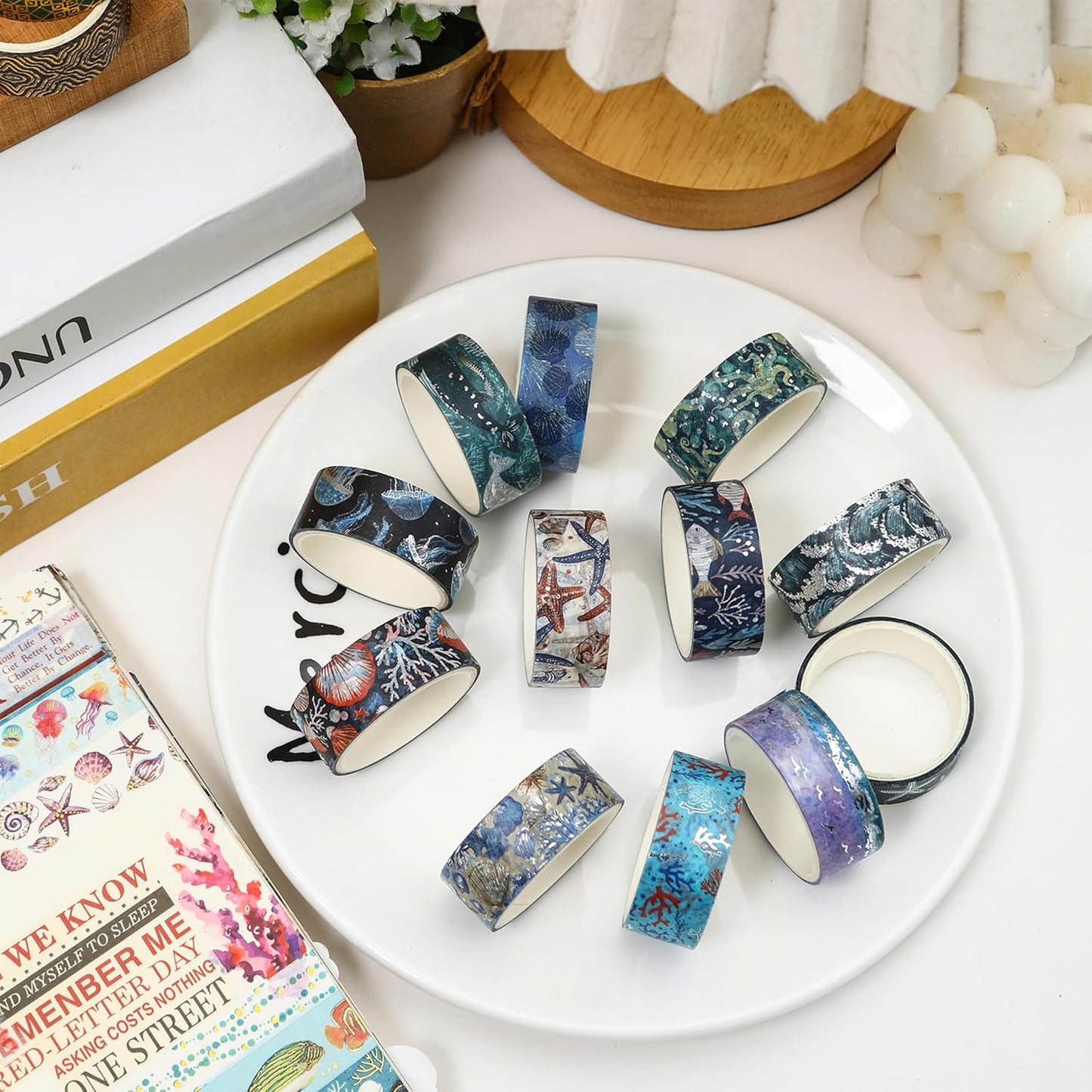 12 Rolls Charming Washi Tape Set Gold Silver Foil Detailing Arts Adhesive Tapes Basic Patterns Decorative Masking Tape Sets for Craft, Kids, Scrapbook, DIY, Gift Wrapping (Oceanic Dreams)