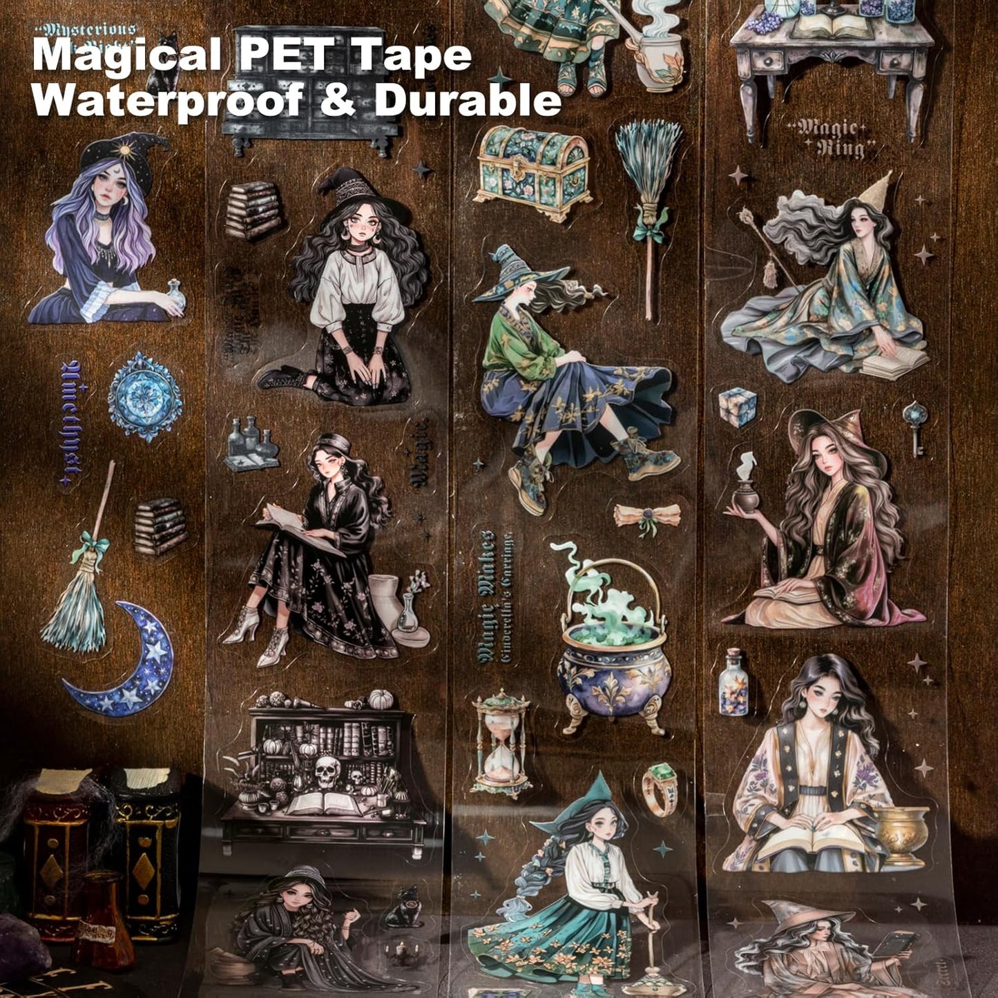 Magic-Themed PET Sticker Tape Set – 6 Rolls Pre-Cut Fantasy Witch Designs, Adhesive, with Clip for Scrapbook, Journal and DIY Decoration