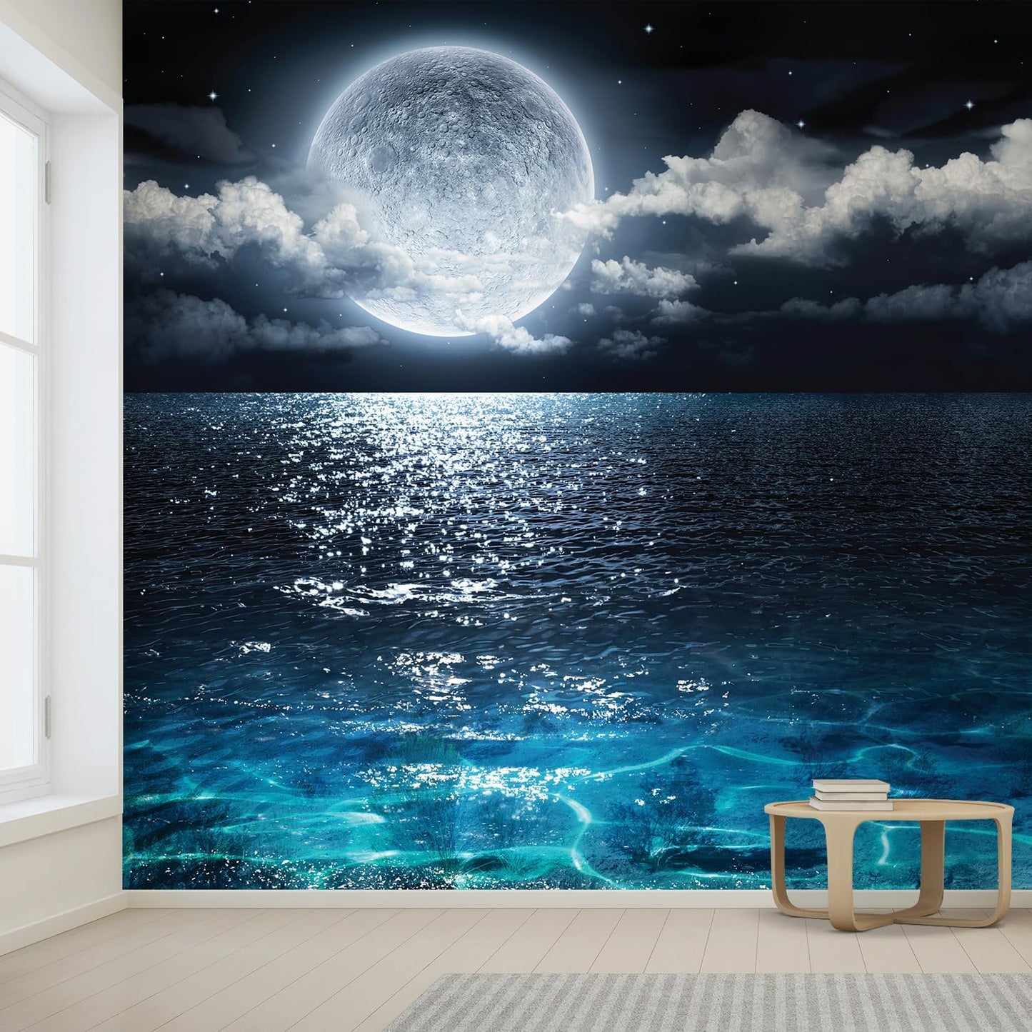 wall26 Wall Sticker/Wall Mural Sea Under Moonlight, Not Peel and Stick, Non-Woven Wallpaper Decorative for Bedroom, Living Room, Office - 108x120 inches
