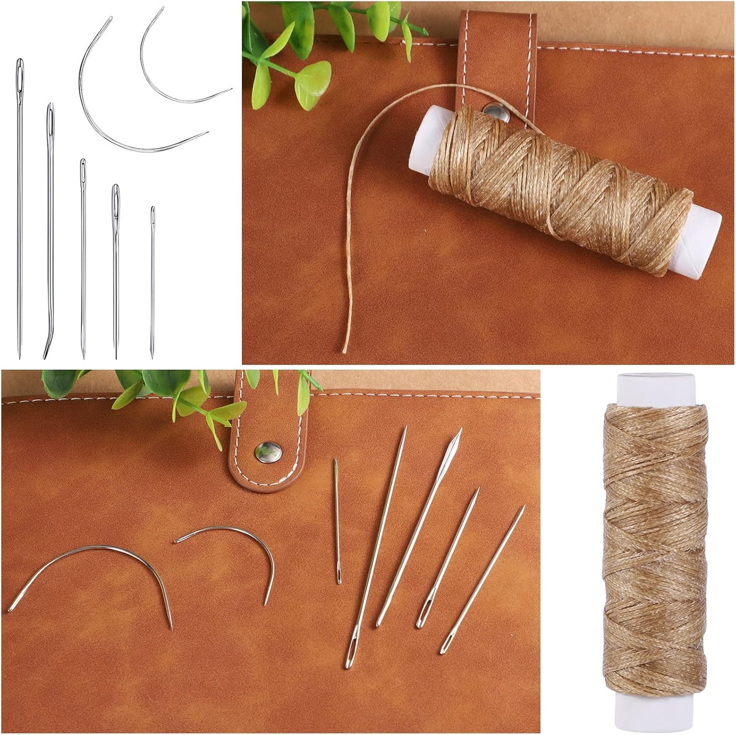 55Yards Waxed Thread with 7 Pcs Leather Needles for Hand Sewing 150D Flat Sewing Waxed Thread Leather Repair Needles for Sewing Upholstery Leather Canvas Bags Sofa Furniture(Khaki)