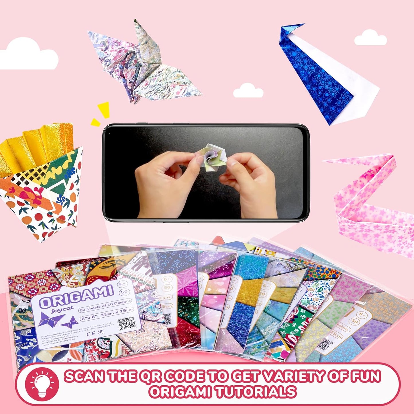 Joycat Pastel Glow in The Dark Origami Paper - 50 Sheets 6x6 Inches - Soft Luminous Sheets for Kids & Creative Projects, Ideal for Scrapbooking, Card Making and DIY Crafts