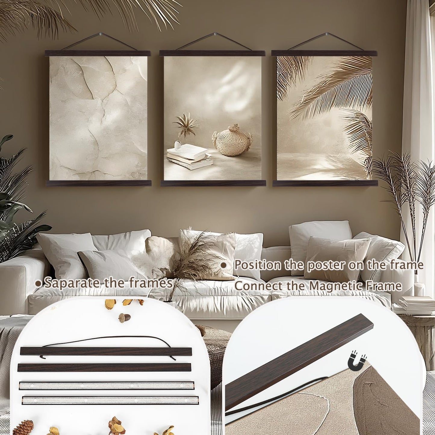 Artmag Magnetic Poster Hanger Frame, 28x22 28x40 28x29 Light Wood Wooden Magnet Canvas Artwork Print Poster Hangers Frames Hanging Kit (Walnut, 28")