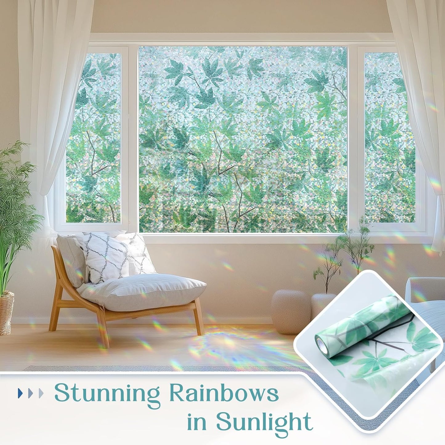Haton Window Privacy Film, Decorative Stained Glass Window Clings, 3D UV Sun Blocking Sticker, Removable Static Cling Heat Control Tint for Home Door, Leaf Rainbow, 35.4" x 157.4" Non-Adhesive