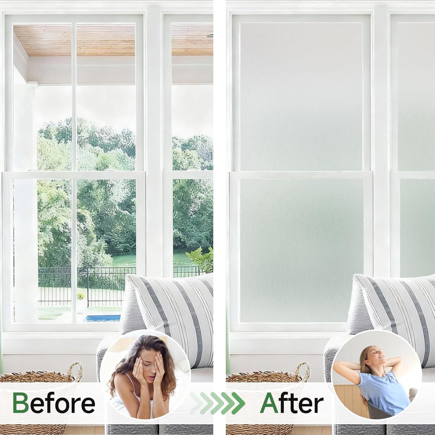 Borsky Frosted Glass Window Film - Static Cling, 96% UV Blocking Non-Adhesive Privacy Window Film, Removable Window Cling with Day & Night Privacy for Bathroom Home Office, 45.2 x 314.9 Inches, Pure