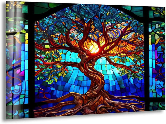 My Photostation.com 35.5Wx30H'' Stained Blue Life of Tree Glass Wall ArtTempered Glass Printing Wall Decor Large Wall Art Wall Hangings