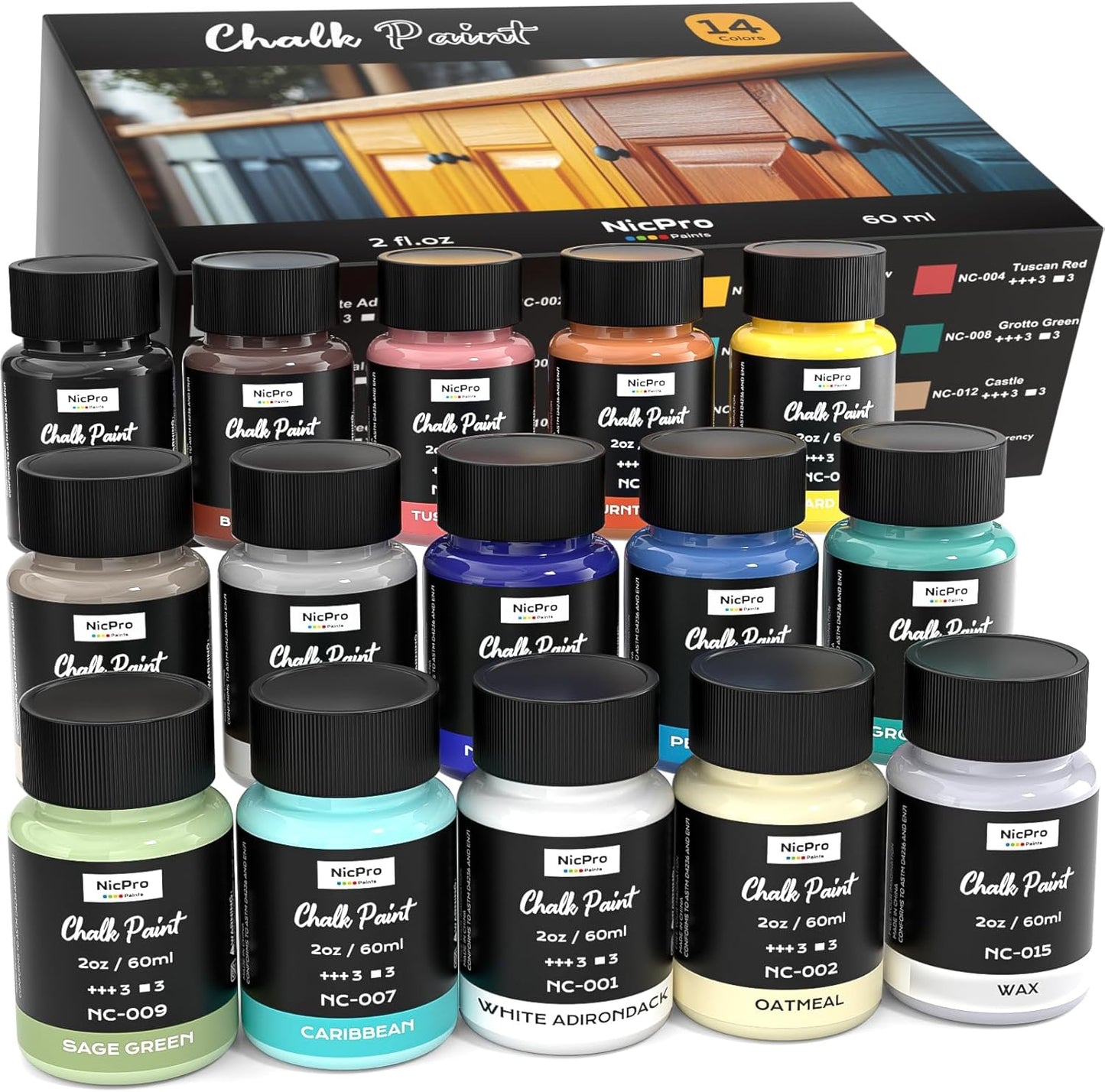 Nicpro 14 Colors Chalk Paint for Furniture, 2 fl oz (60ml) Ultra Matte Finish Acrylic Craft Paint, Non-Toxic Chalk Furniture Paints for Wood, Metal, Cabinets, Home Decor with Liquid Wax, Color Wheel