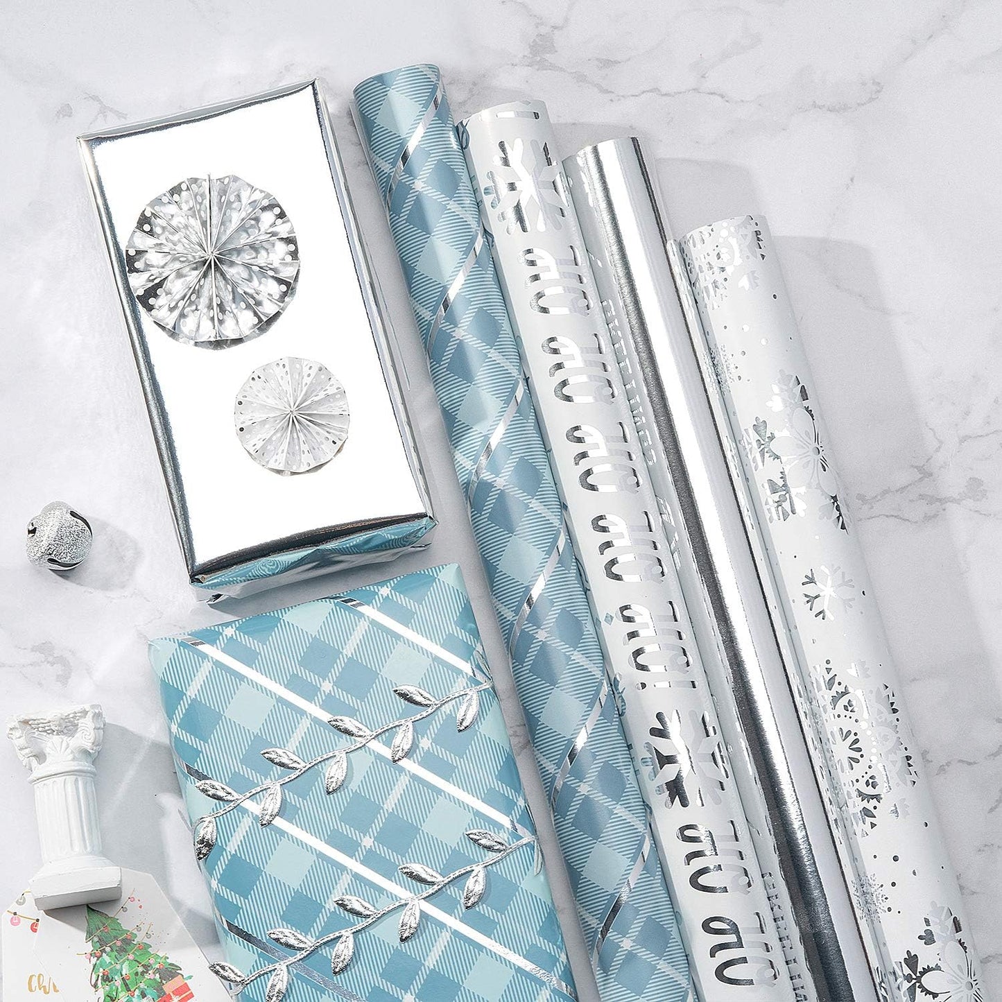WRAPAHOLIC 30 Inch Christmas Wrapping Paper Roll - Jumbo Roll Blue and Silver Snowflake Holiday Design with Metallic Foil Shine - 4 Rolls - 30 Inch x 120 Inch Per Roll