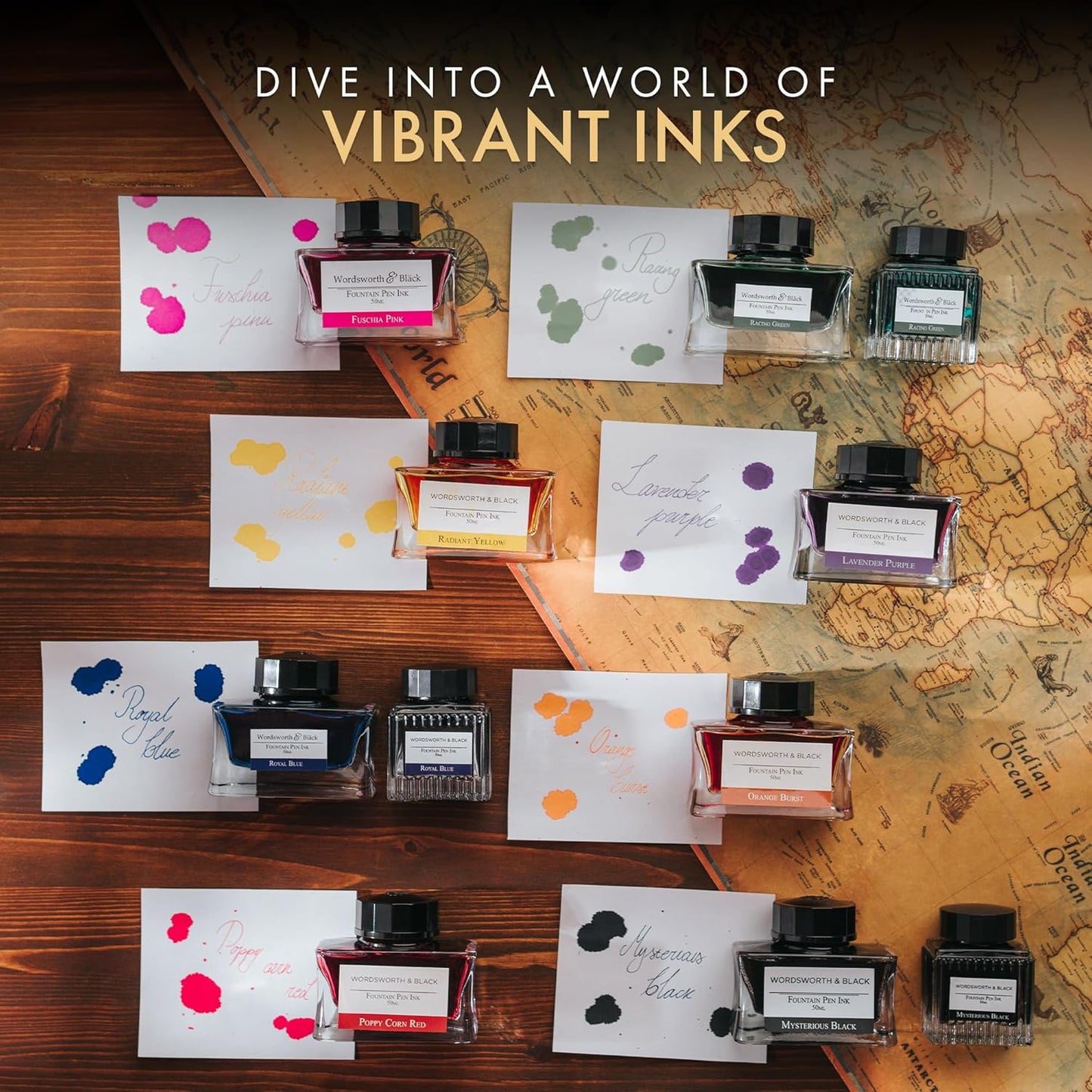 Wordsworth and Black Fountain Pen Ink Bottle (50 ml) Premium Luxury Edition, [Mysterious Black] Fountain Pens Bottled Ink; Classic Designed Bottle Smooth Flow 50 ml