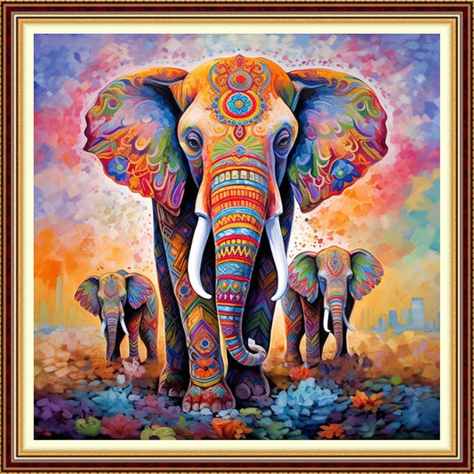 Funchey Stamped Cross Stitch Kits, DIY Cross Stitch Pattern for Adults Beginners Needlepoint Kits Embroidery Kit Arts and Crafts 11CT-Colored Elephant 18x18 inch