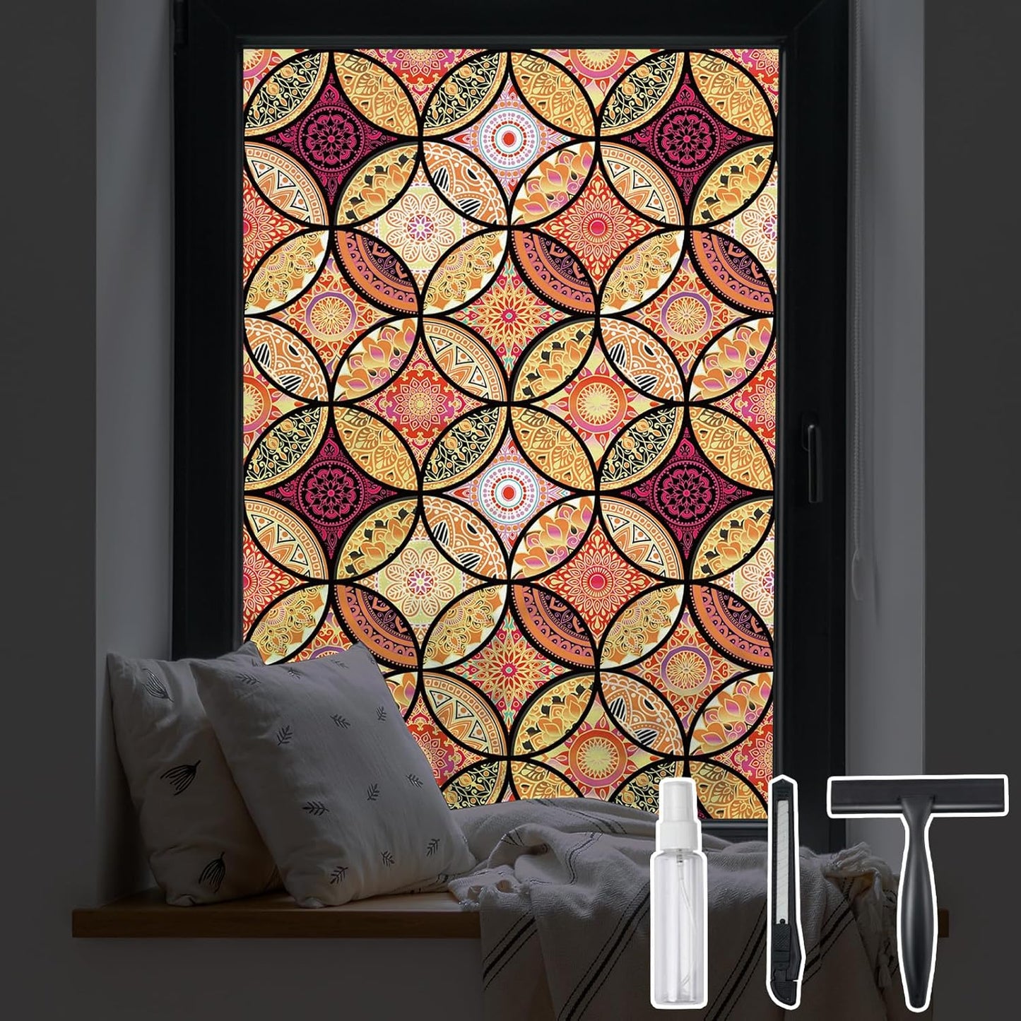 DKTIE Stained Glass Window Film with Installation Tools - Bohemian Style, Privacy Protection, Softening Light, Home Decorative Window Film, 17.7 x 78.7 Inch