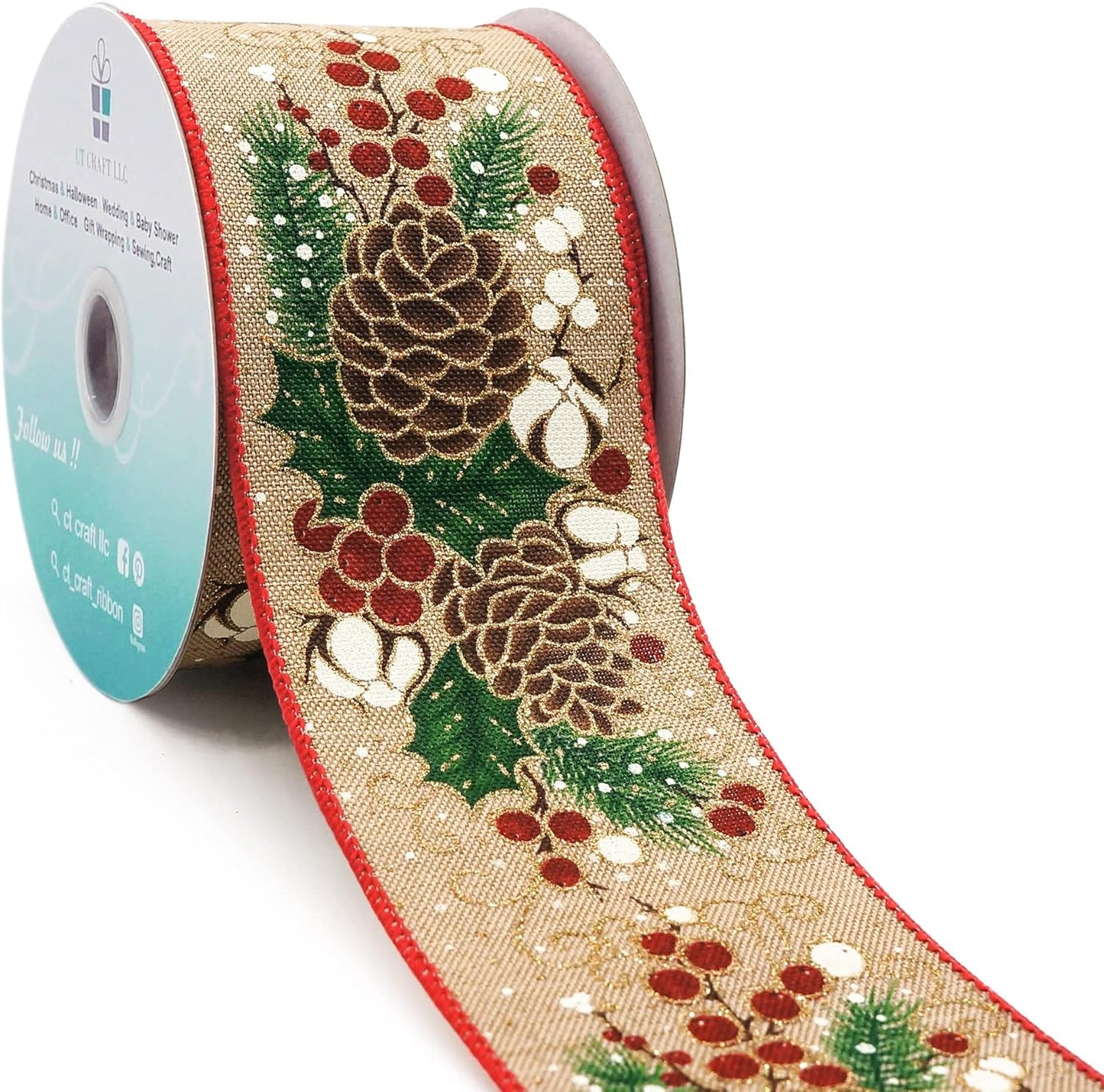 CT CRAFT LLC Tan Faux Jute Burlap with Pinecones Wired Ribbon 2.5 Inch x 10 Yards for Christmas Home Decor Tree Topper Bow Gift Wrapping DIY Crafts Wreath Garland