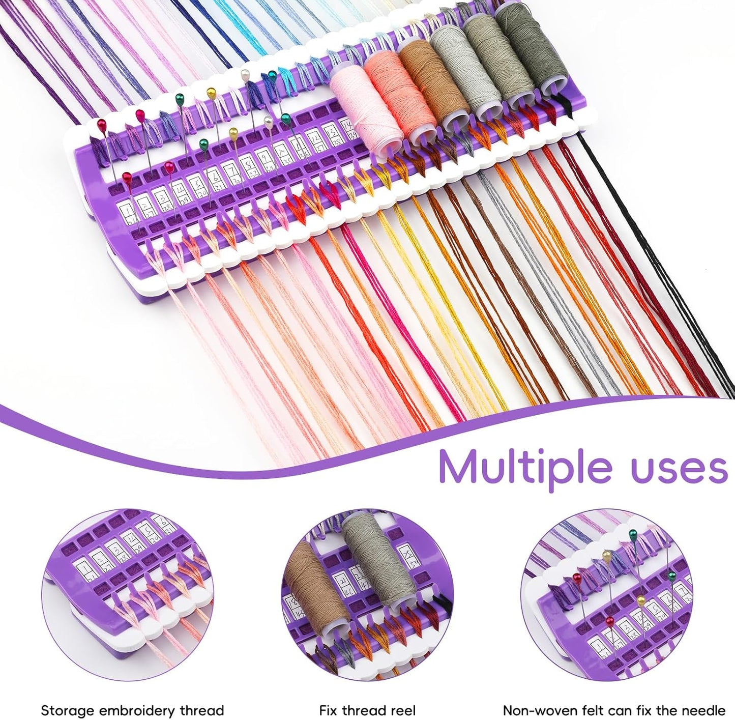 Lokunn Floss Organizer Embroidery, 50 Positions, Thread Organizers for Sewing and Cross Stitch Embroidery Thread, Plastic & Non-Woven Fabric, Purple, Comes with 15 Sticky Notes