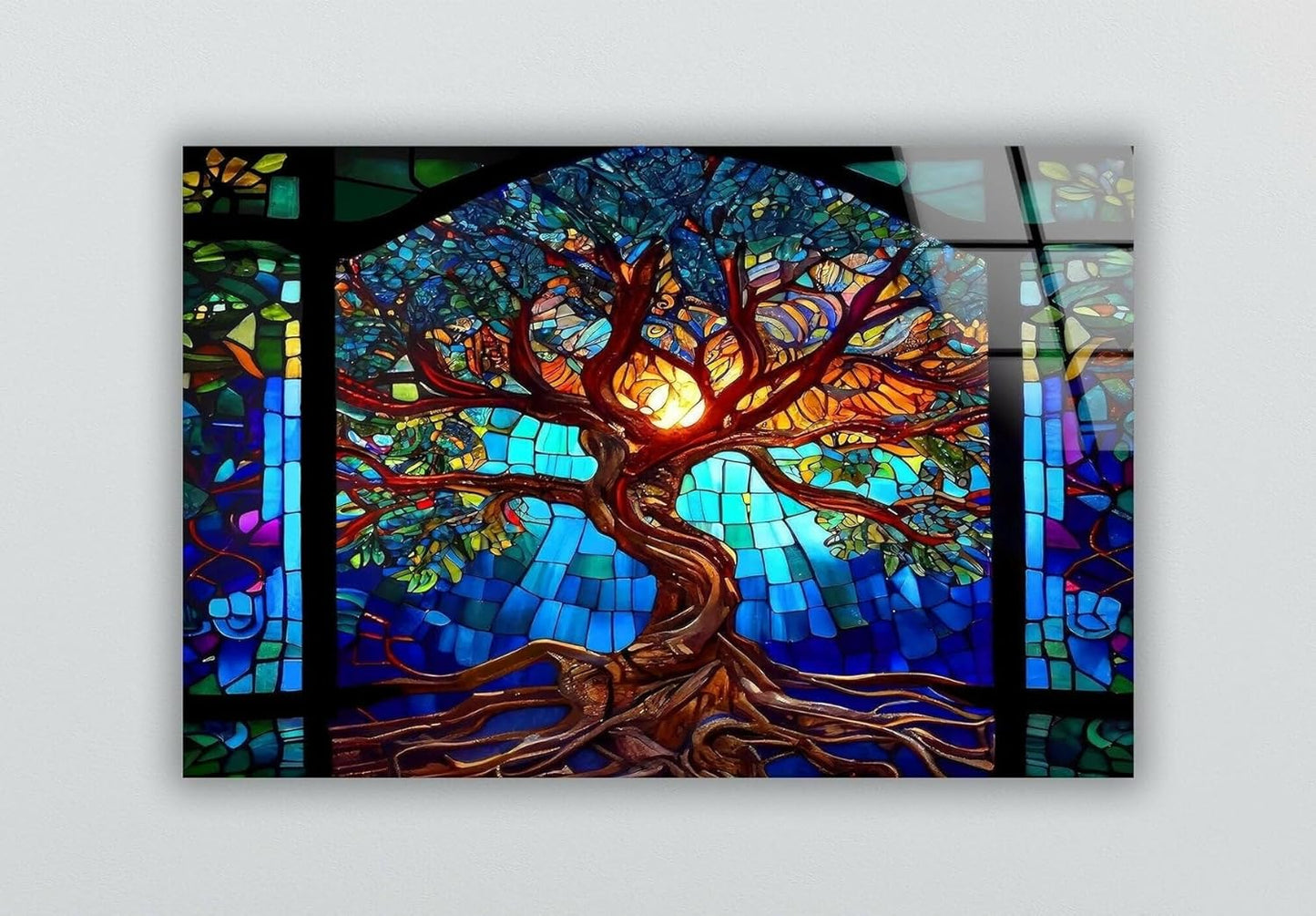 My Photostation.com 28Wx18H'' Stained Blue Life of Tree Glass Wall ArtTempered Glass Printing Wall Decor Large Wall Art Wall Hangings