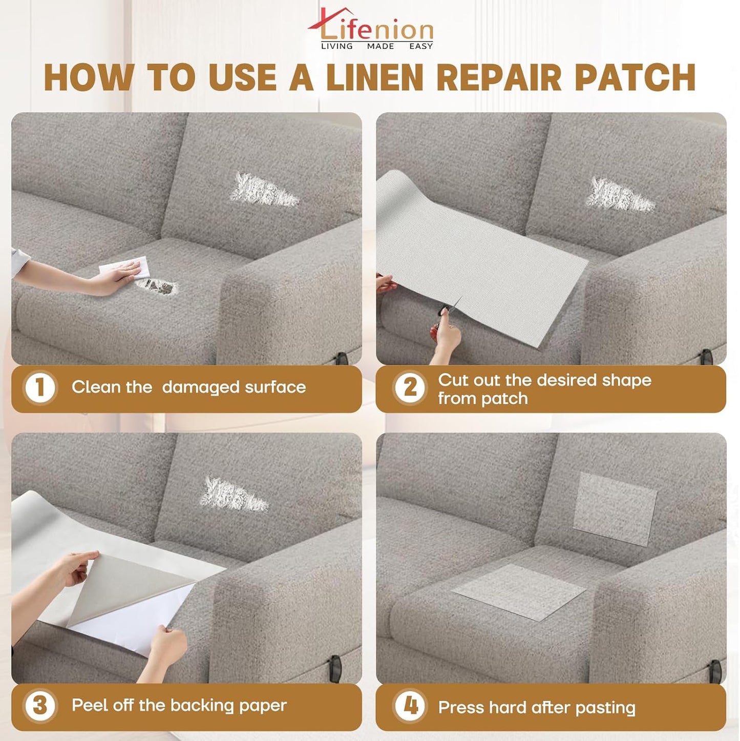Fabric Repair Patches, 17X158 inch Linen Self-Adhesive Fabric Repair Tape, Strong Sticky Linen Patch for Sofas, Tote Bags, Clothing, Car Seats, Furniture（White, 17X158 inch）