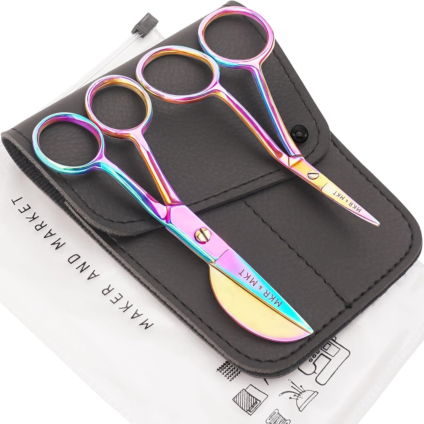 Small Embroidery 4.5 Inch Scissors Set of 2 Kit - Mini Double Bend Offset Duckbill and Double Bend Long Applique Needlepoint Blade with Pouch Sleeve (Rainbow)