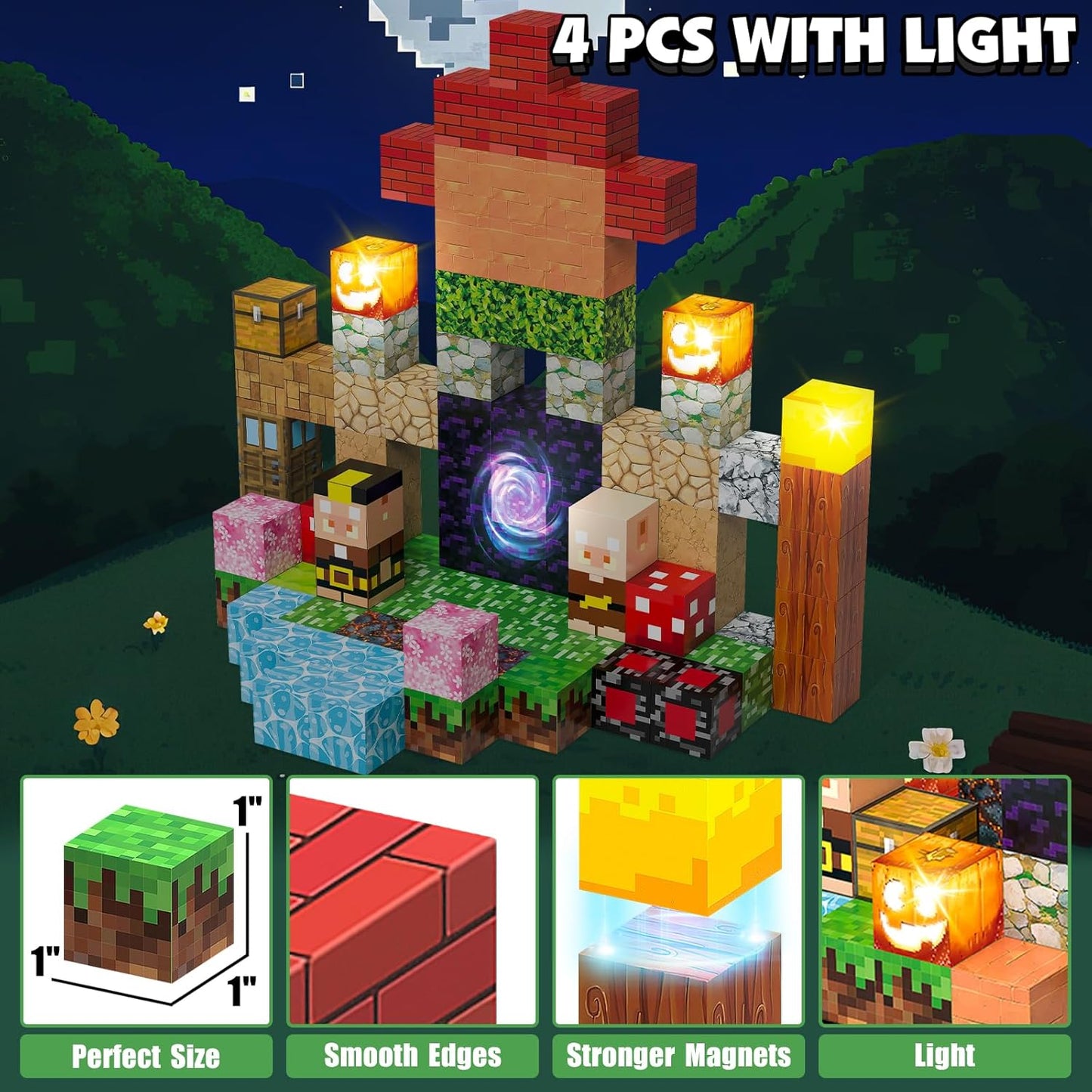 Magnetic Building Blocks, Magnetic Blocks STEM Construction Toys, Montessori Sensory Stacking Toys for Toddlers, Magnet Cubes with Light Blocks, Christmas Birthday Gifts for Kids Age 3 4 5 6 7 8-12