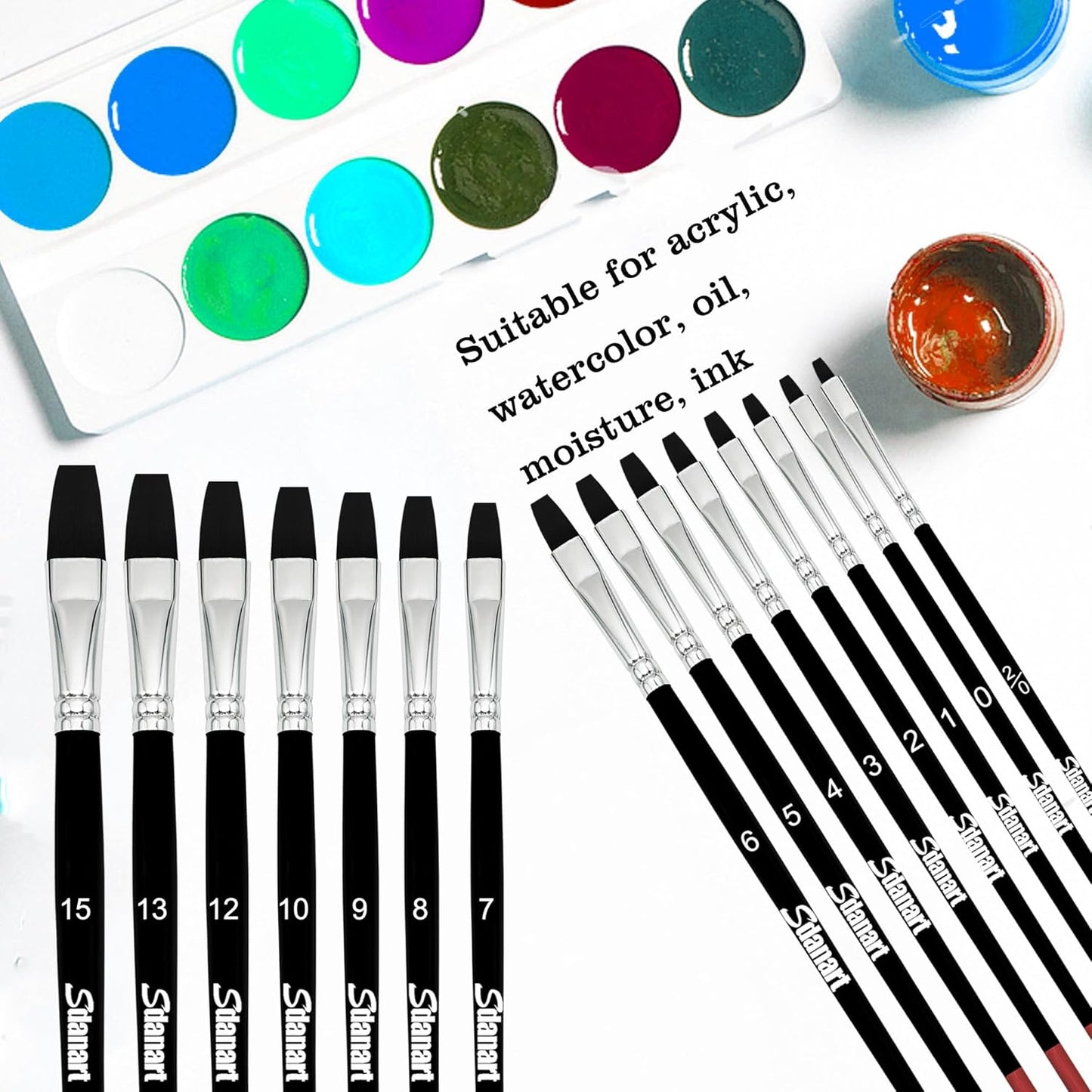 Flat Paint Brushes,15 PCS Different Sizes Flat Paint Brush Set for Watercolor Acrylic Gouache Oil Ink and Face Body Painting,Professional Art Paintbrush for Artists and Beginners
