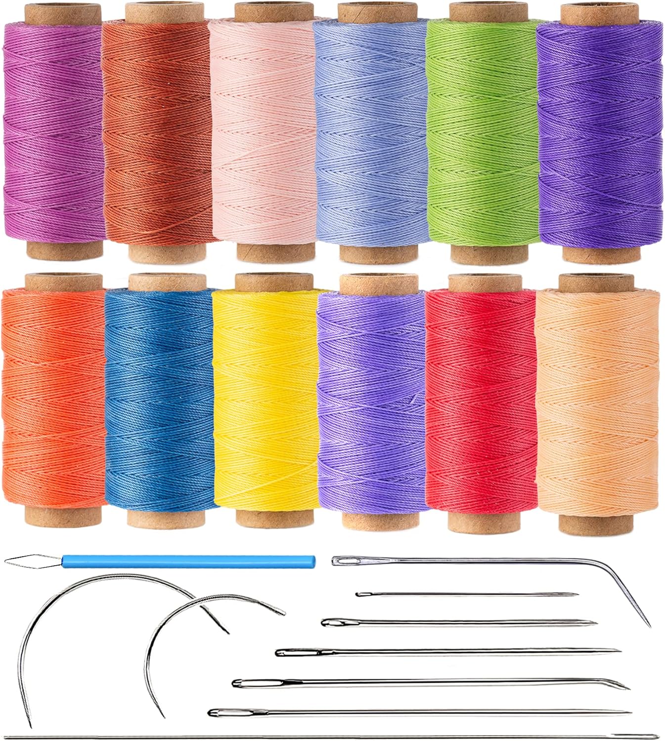 12 Multicolor Round Waxed Thread, 0.45mm Thin and Stiff Wax Strings, 110 Yards/Spool, Polyester Waxed Cord for Fine Leather Sewing, Binding, Crafting, Bracelets and Micro-Macrame Jewelry Making